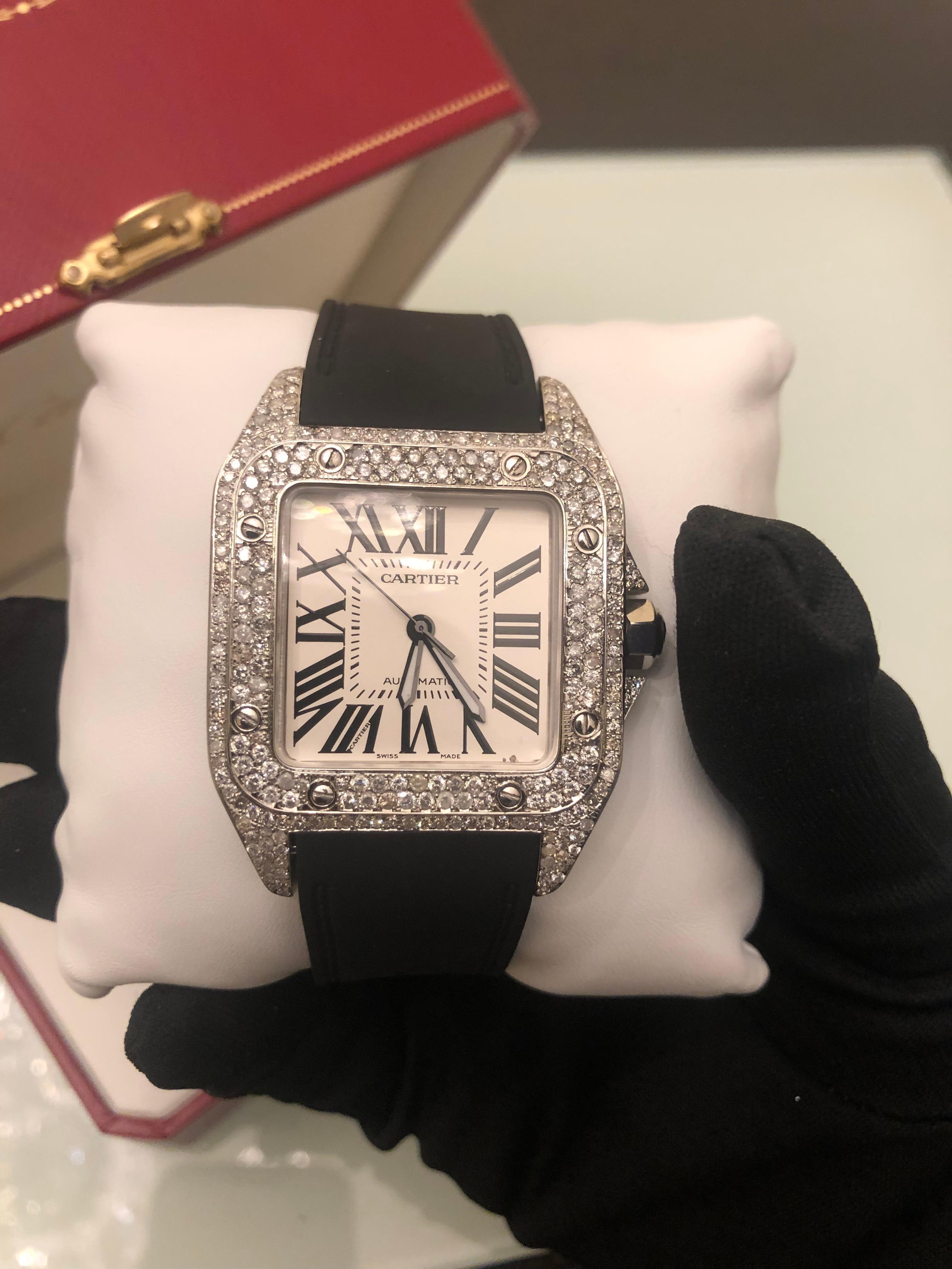 Cartier Santos 100XL Edelstahl 38mm maßgefertigte Diamant-Iced Out-Uhr für Herren (Rundschliff) im Angebot