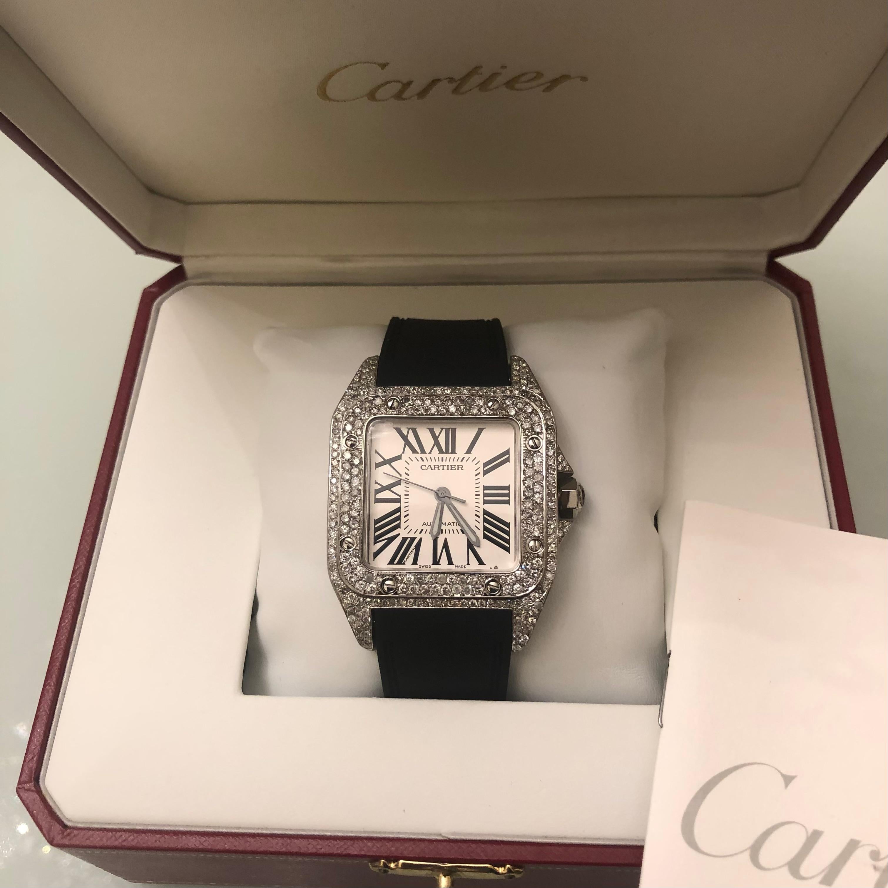Taille ronde Montre Cartier Santos 100XL en acier inoxydable 38mm Custom Diamond Iced Out pour homme en vente