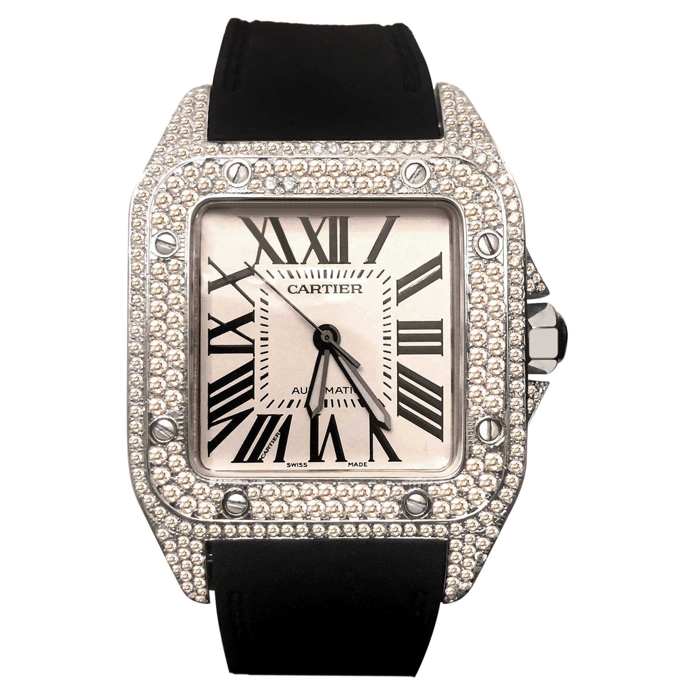 Cartier Santos 100XL Stainless Steel 38mm Custom Diamond Iced Out Watch Men's For Sale