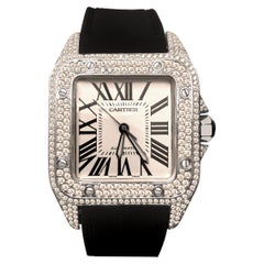 Vintage Cartier Santos 100XL Stainless Steel 38mm Custom Diamond Iced Out Watch Men's