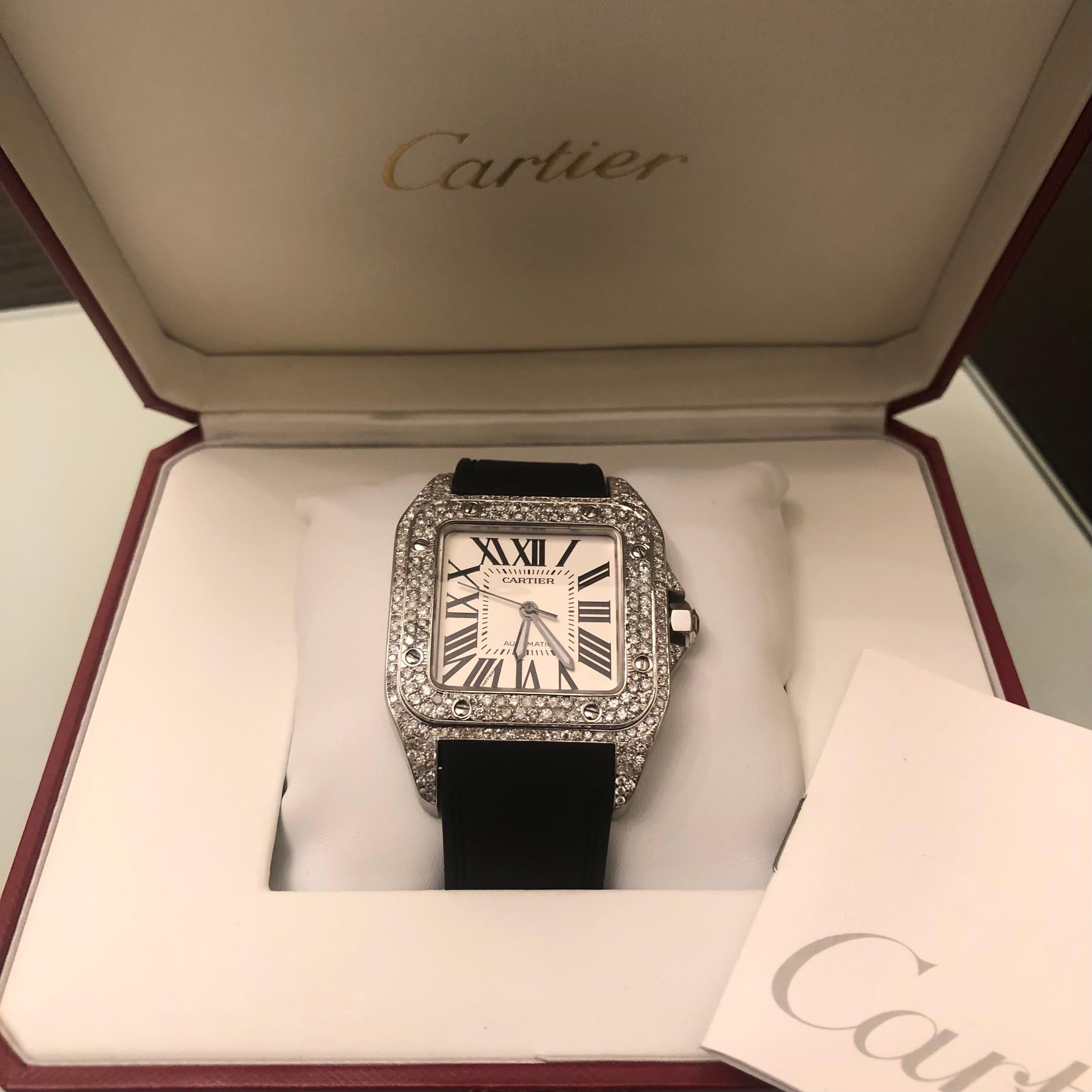 Cartier Santos 100XL Stainless Steel Custom Diamond Iced Out Watch Men's mm In Good Condition In New York, NY