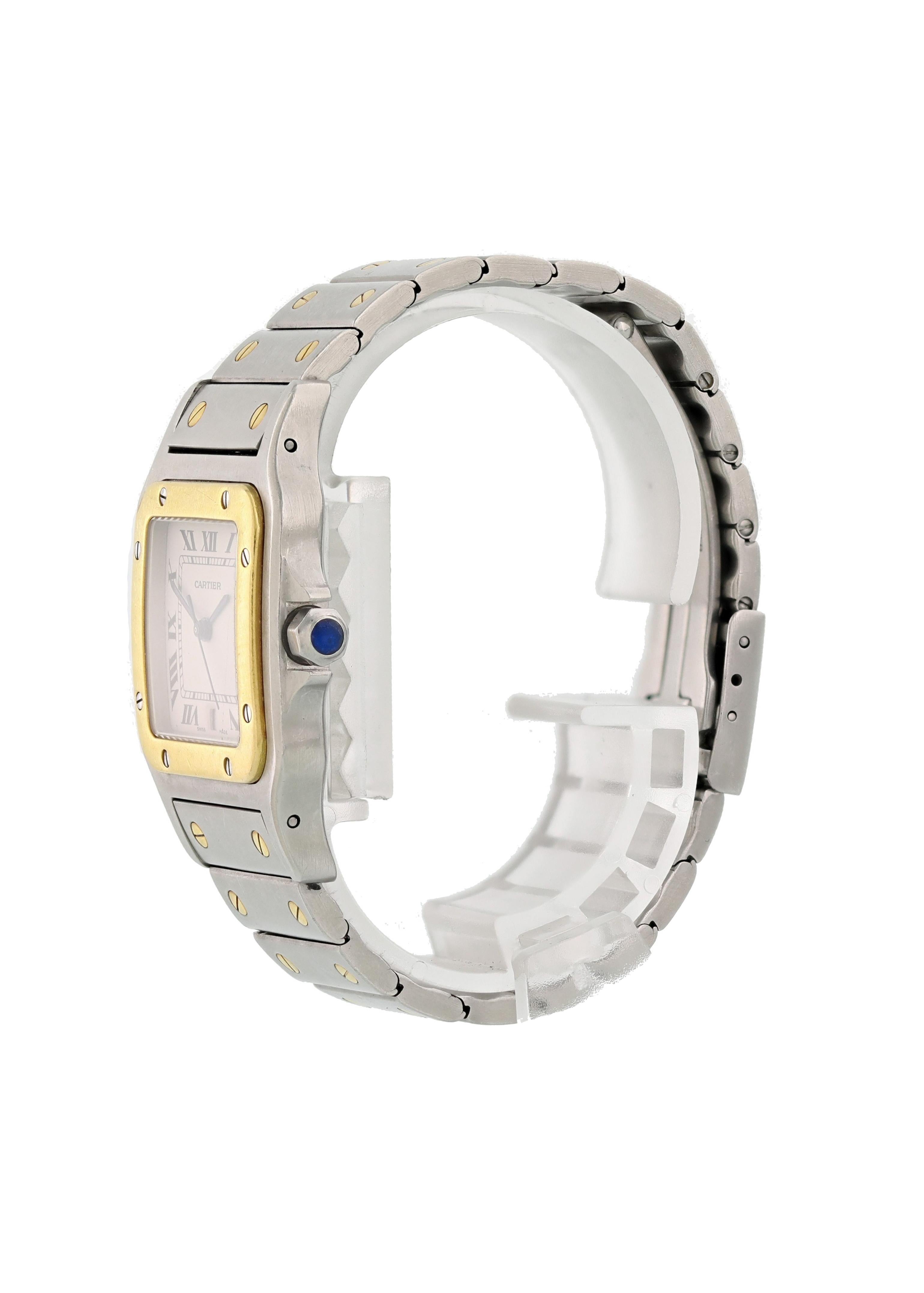 Cartier Santos Galbee 1566 Men Watch. 
29mm Stainless Steel case. 
Yellow Gold Stationary bezel. 
White dial with Blue steel hands and Roman numeral hour markers. 
Minute markers on the outer dial. 
Date display at the 6 o'clock position. 
Stainless