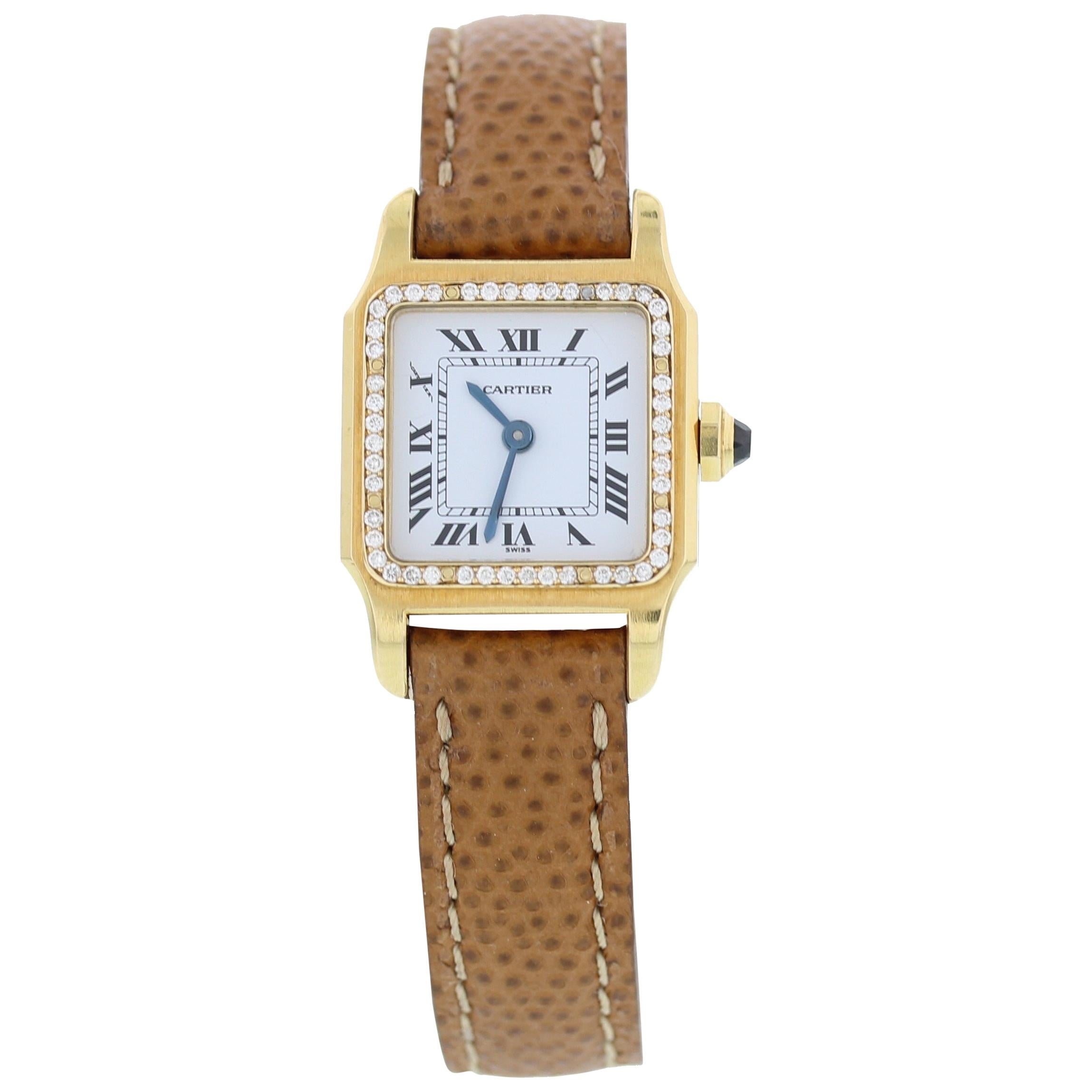 Cartier Santos 18 Karat Yellow Gold and Diamonds Ladies Watch For Sale