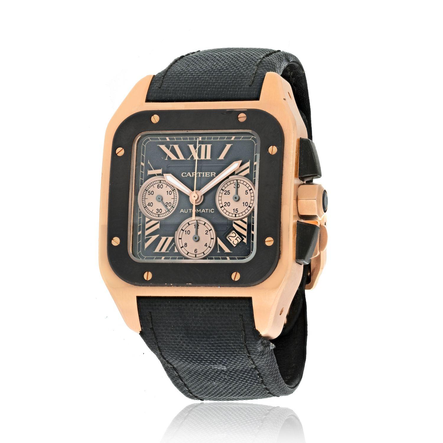 Cartier 18K Rose Gold Santos 100 XL Chronograph Mens Wrist Watch.
Santos 100, reference 2935 Pink gold automatic chronograph wristwatch with date circa 2009.
Dial: black
Calibre: cal. 8630 automatic, 27 jewels
Case: 18k Pink gold, with caseback