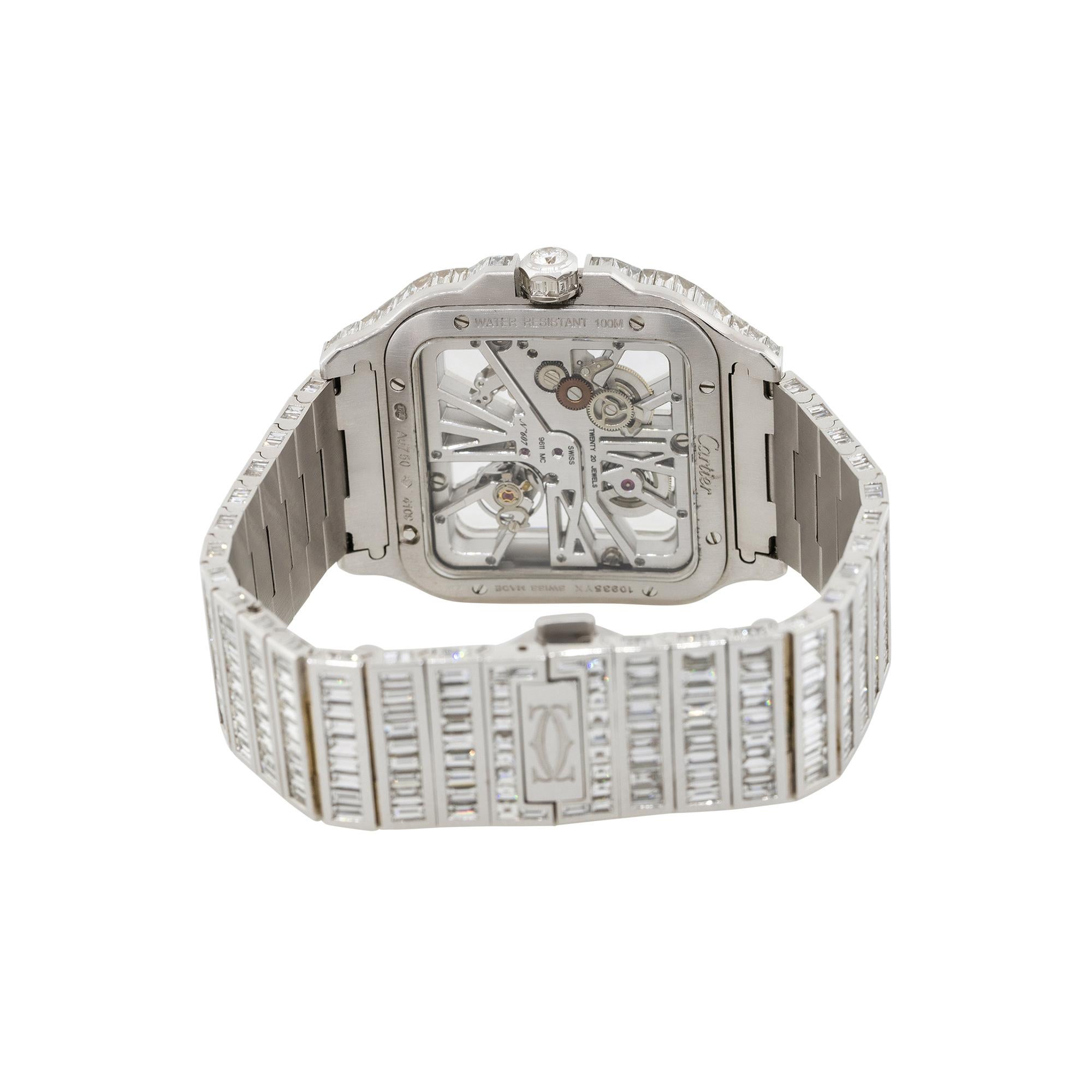 Baguette Cut Cartier Santos 18k White Gold Skeleton All Diamond Chandelier Watch