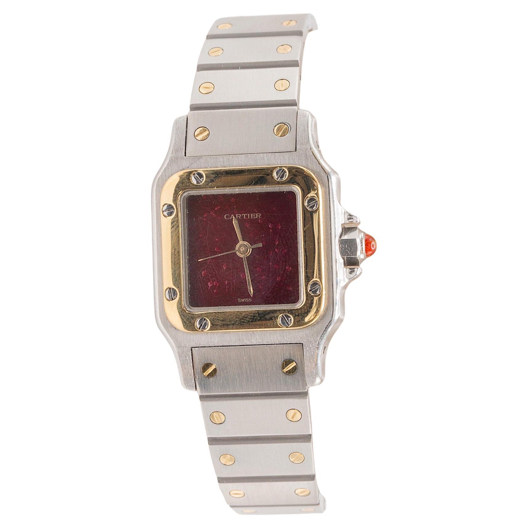 Cartier Santos 18 Karat Gelbgold und Edelstahl „Spider“ Burgunderfarbenes Zifferblatt Ref 0902