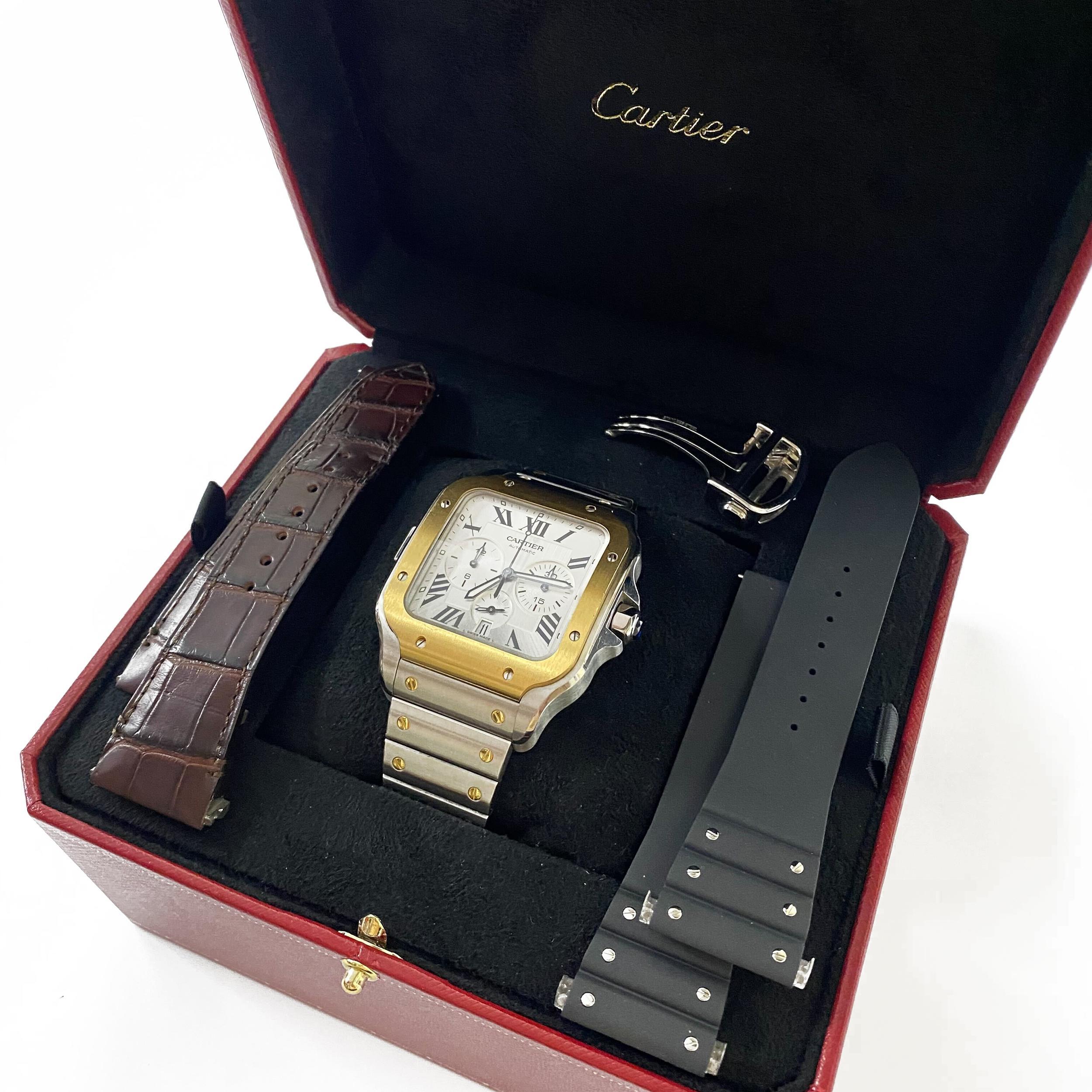 Men's Cartier Santos 18k Yellow Gold Steel Chronograph Silver Dial Mens Watch W2SA0008