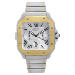 Cartier Santos 18k Yellow Gold Steel Chronograph Silver Dial Mens Watch W2SA0008