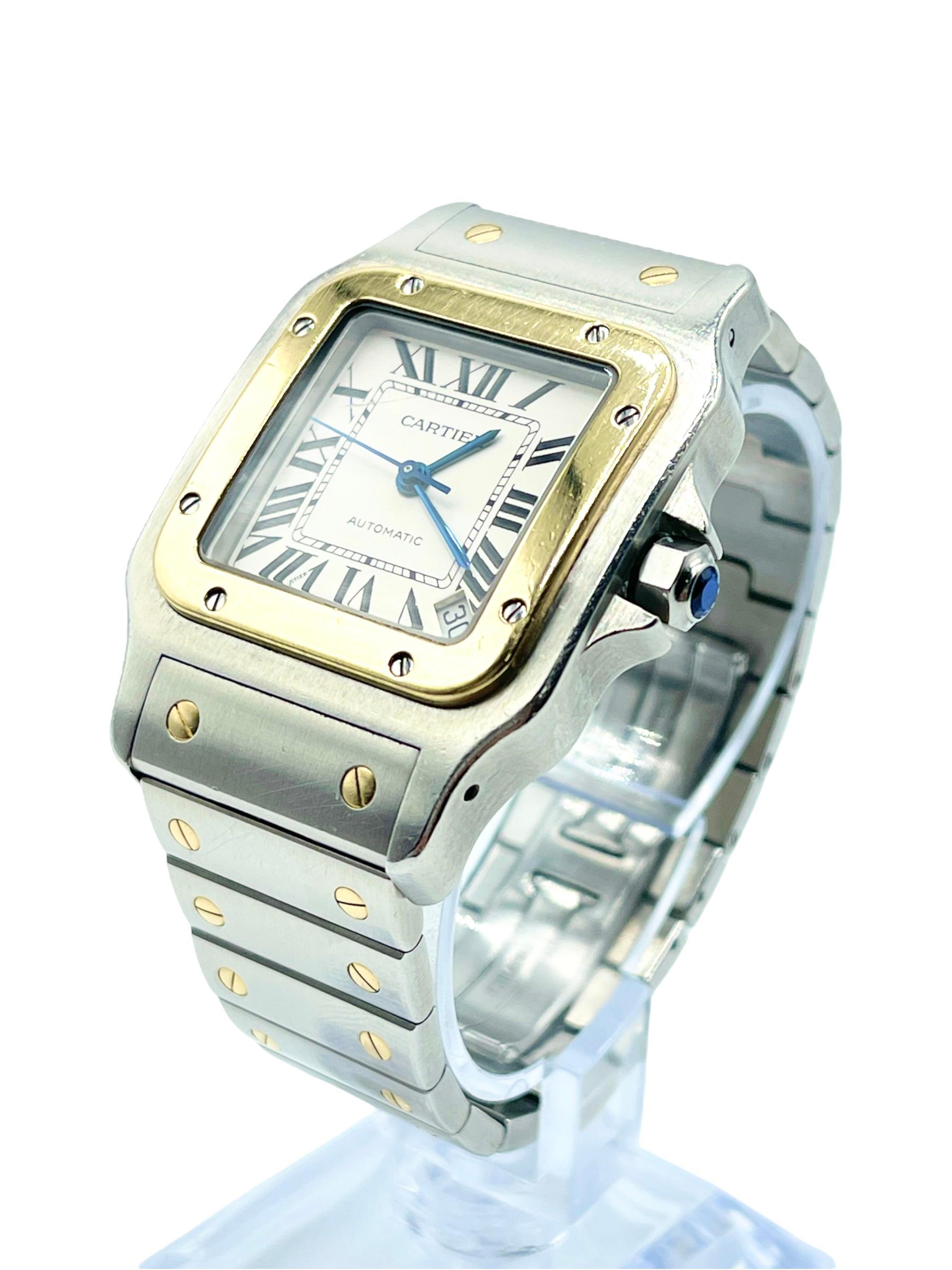 18K yellow gold bezel. White dial with blue steel hands Black Roman numeral hour markers. Minute markers around an inner dial. Date display between 4 and 5 o’clock position. 18K yellow gold & stainless-steel bracelet with hidden butterfly clasp.
