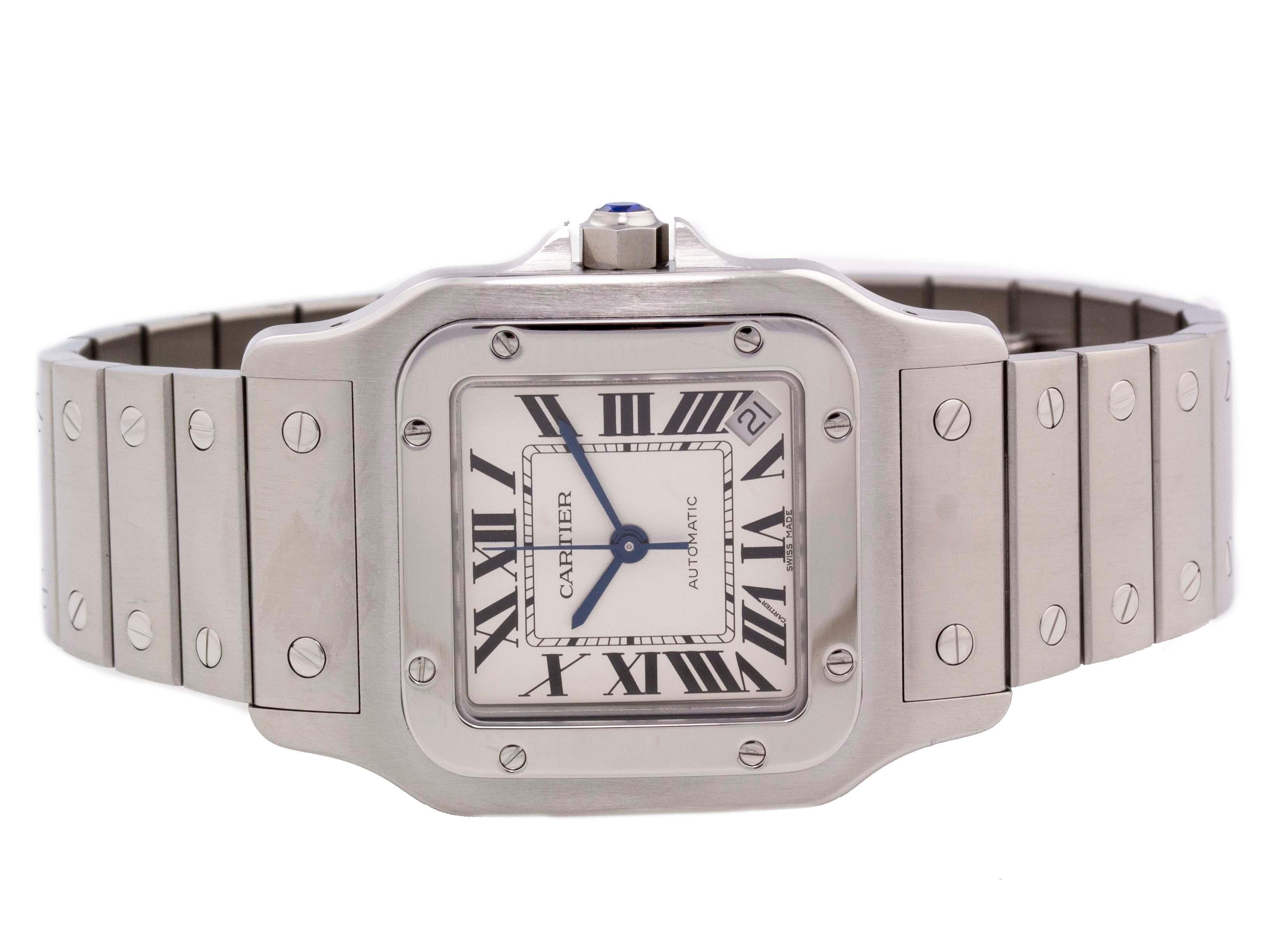 Brand	Cartier
Series	Santos
Model	2823
Gender	Men's
Condition	Excellent Condition Pre-owned
Material	Stainless Steel
Finish	Brushed & Polished
Caseback	Stainless Steel
Diameter	32mm
Thickness	9mm
Bezel	Fixed Steel Bezel
Crystal	Sapphire Scratch