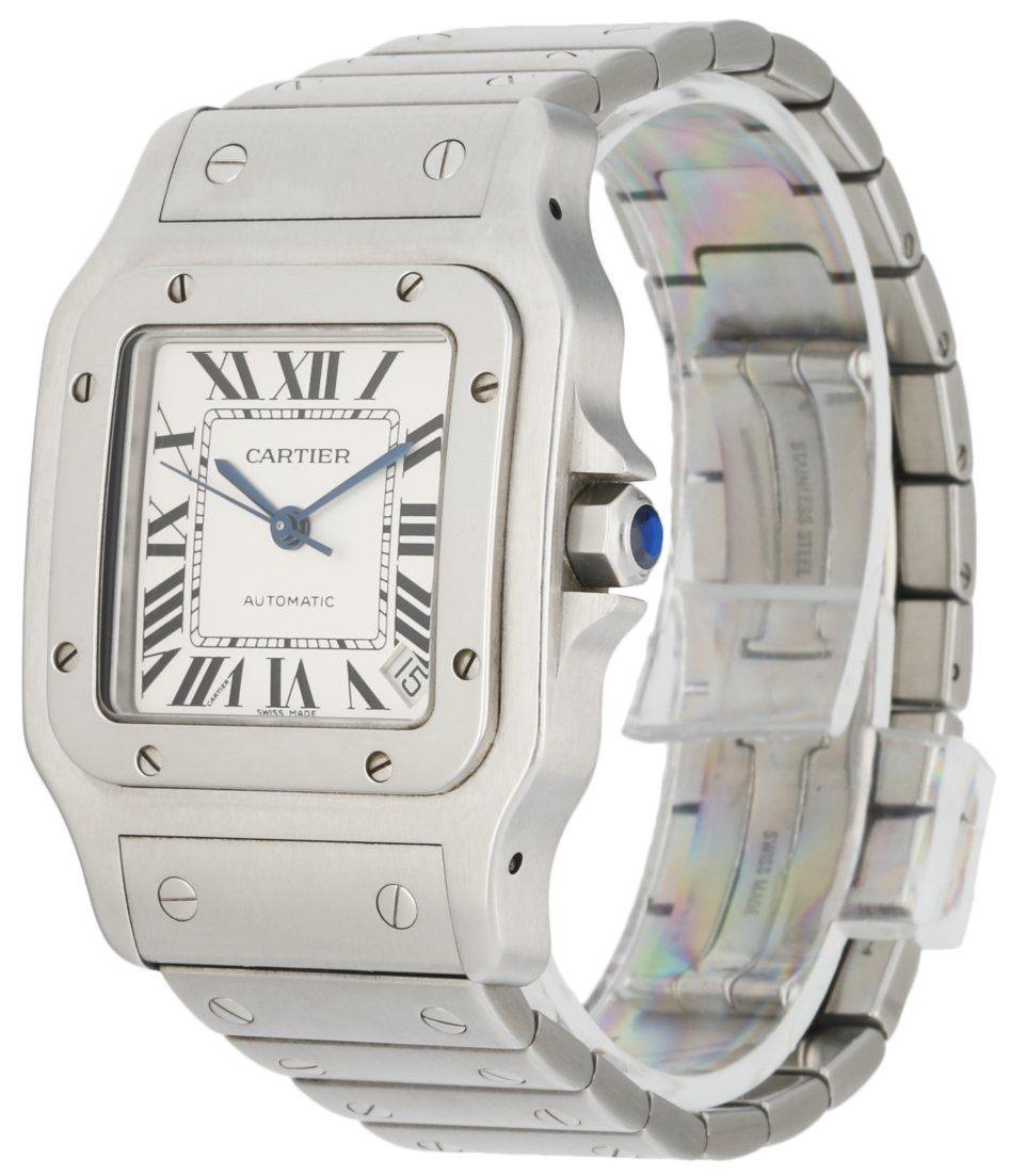 
Cartier Santos 2823 Men's Watch. 32mm stainless steel case and stainless steel bezel. White dial with blue steel hands Black Roman numeral hour markers. Minute markers around an inner dial. Date display between 4 and 5 o'clock position. Stainless