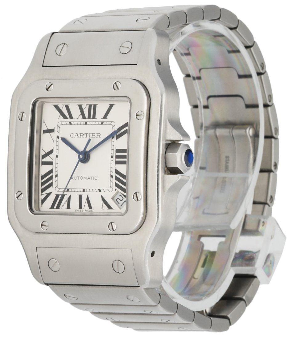 Cartier Santos 2823 Men's Watch. 32mm stainless steel case and stainless steel bezel. White dial with blue steel hands Black Roman numeral hour markers. Minute markers around an inner dial. Date display between 4 and 5 o'clock position. Stainless