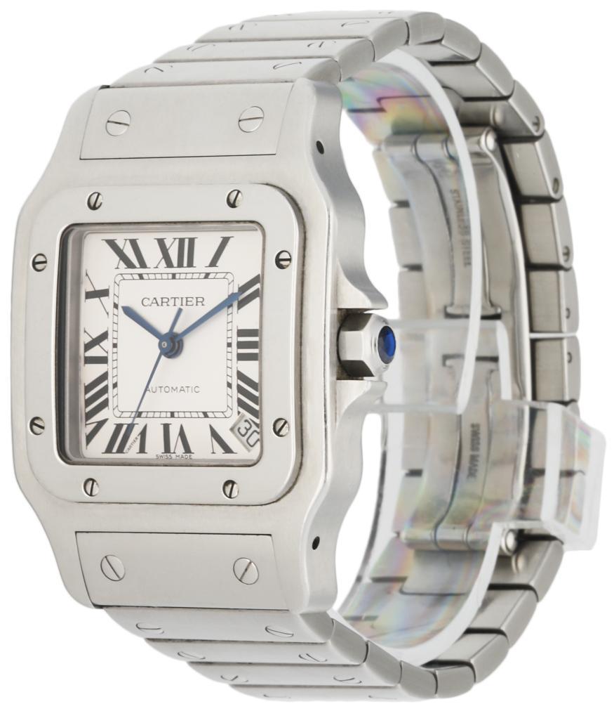 
Cartier Santos 2823 Men's Watch. 32mm stainless steel case and stainless steel bezel. White dial with blue steel hands and Black Roman numeral hour markers. Minute markers around an inner dial. Date display between 4 and 5 o'clock position.
