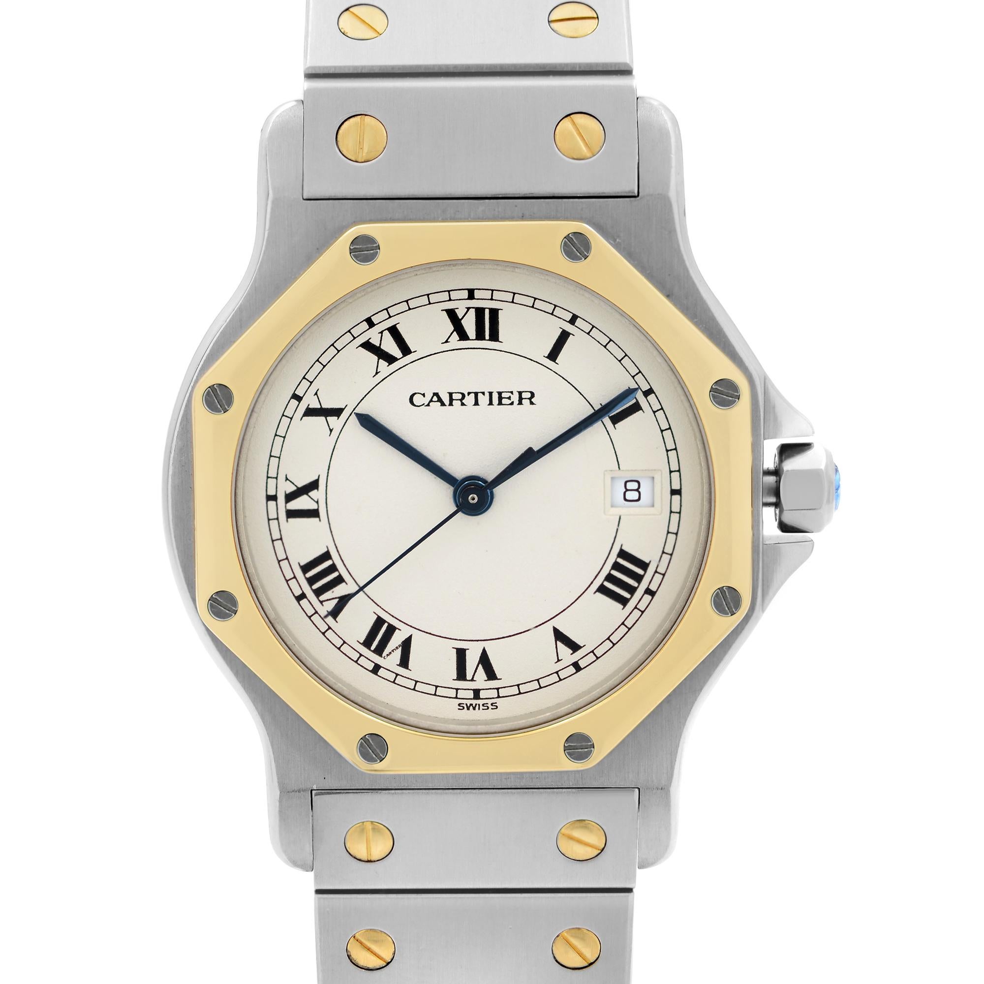 Cyrstal has visible scratches as in the pictures. Pre Owned Cartier Santos 29mm Octagon 18K Gold Steel Quartz Ladies Watch 187902. This Beautiful Timepiece is Powered by Quartz (Battery) Movement And Features: Round Stainless Steel Case, Stainless