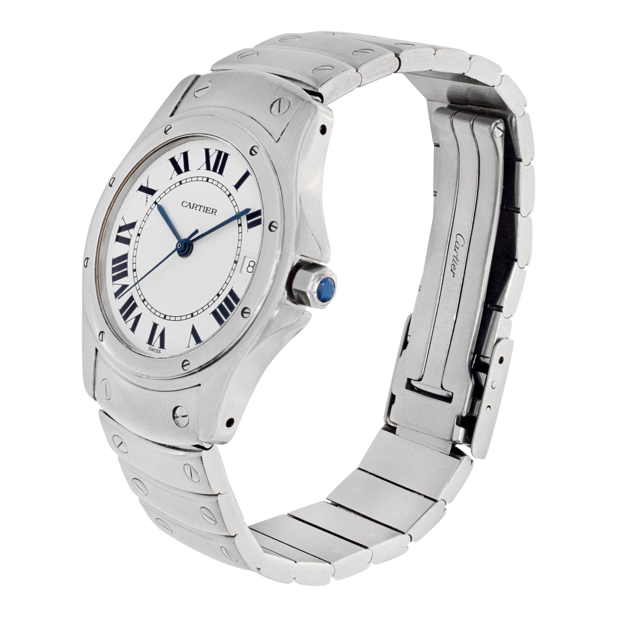 Cartier Santos Ronde in stainless steel with a white roman numeral dial and a original Cartier deployant buckle. Auto w/ sweep seconds and date. 33 mm case size. Ref W20026K1. Fine Pre-owned Cartier Watch.

 Certified preowned Classic Cartier Santos