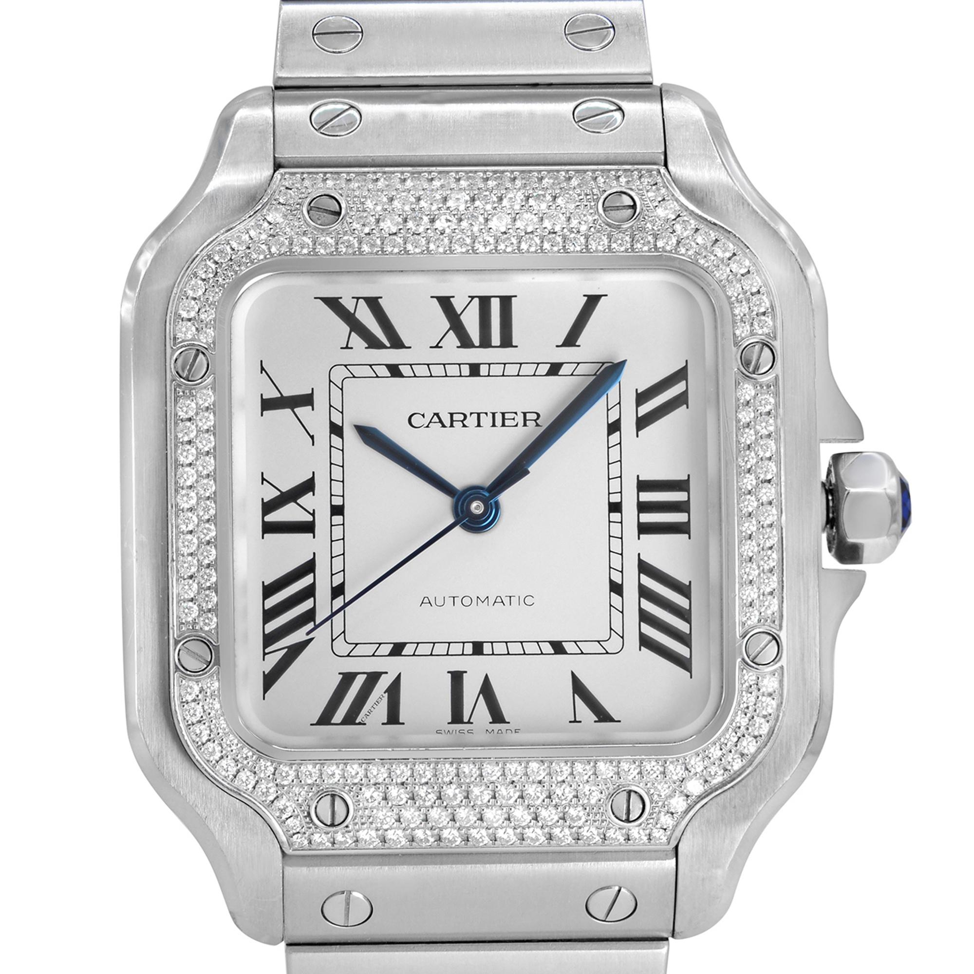 Anzeigemodell Cartier Santos 35mm Edelstahl Diamant Lünette Weißes Zifferblatt Automatik Damenuhr W4SA0005. Diese schöne Damenuhr wird von einem mechanischen Automatikwerk angetrieben und verfügt über: Edelstahlgehäuse, Diamantlünette mit