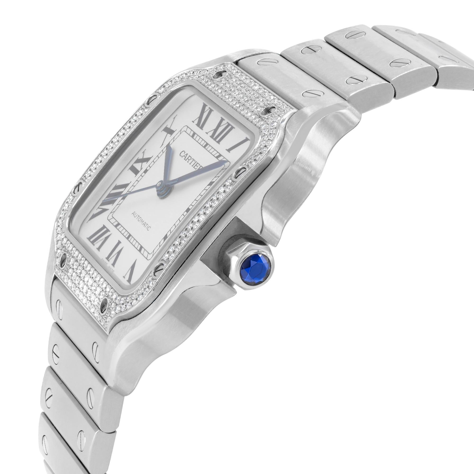 Cartier Santos Diamant Stahl-Silber-Zifferblatt Automatik-Damenuhr W4SA0005 im Zustand „Hervorragend“ im Angebot in New York, NY
