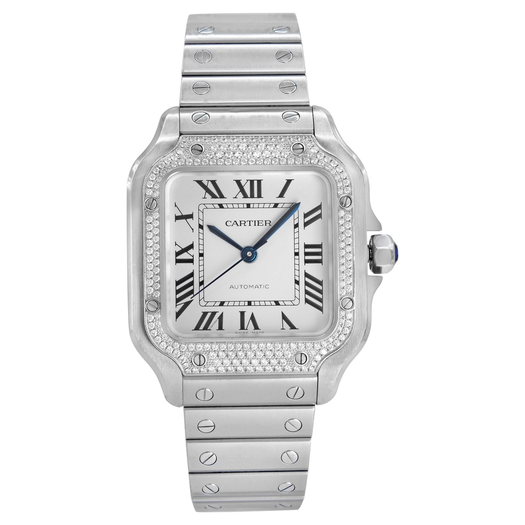 Cartier Santos Diamond Steel Silver Dial Automatic Ladies Watch W4SA0005