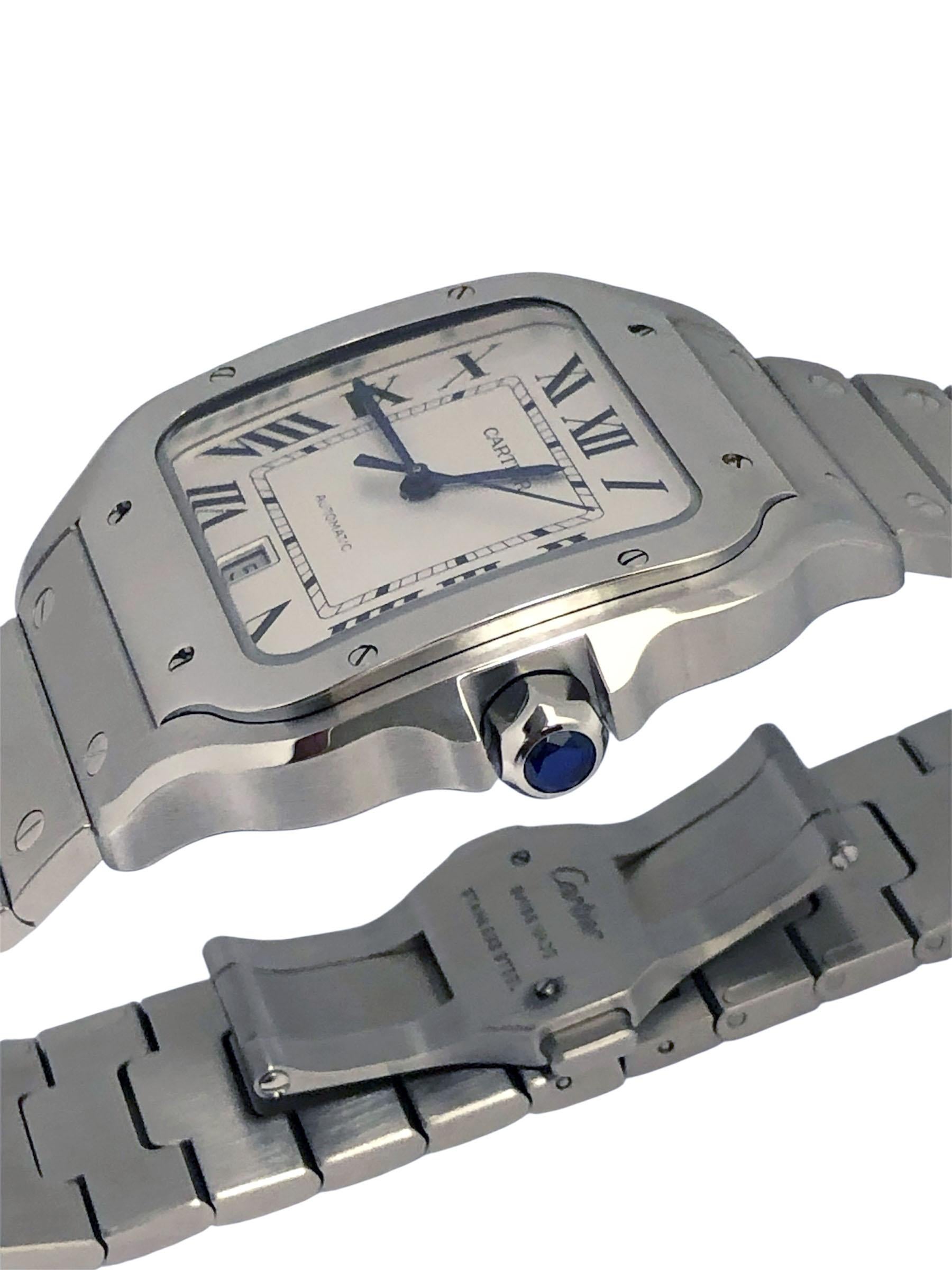 Circa 2020 Cartier Santos Reference 4072 Wrist Watch, 47 x 38 M.M Stainless Steel 3 piece water resistant case, Automatic, self winding movement, sapphire Crown, Sapphire Glass Crystal, Silver Satin Dial with Sweep seconds hand and a Calendar window
