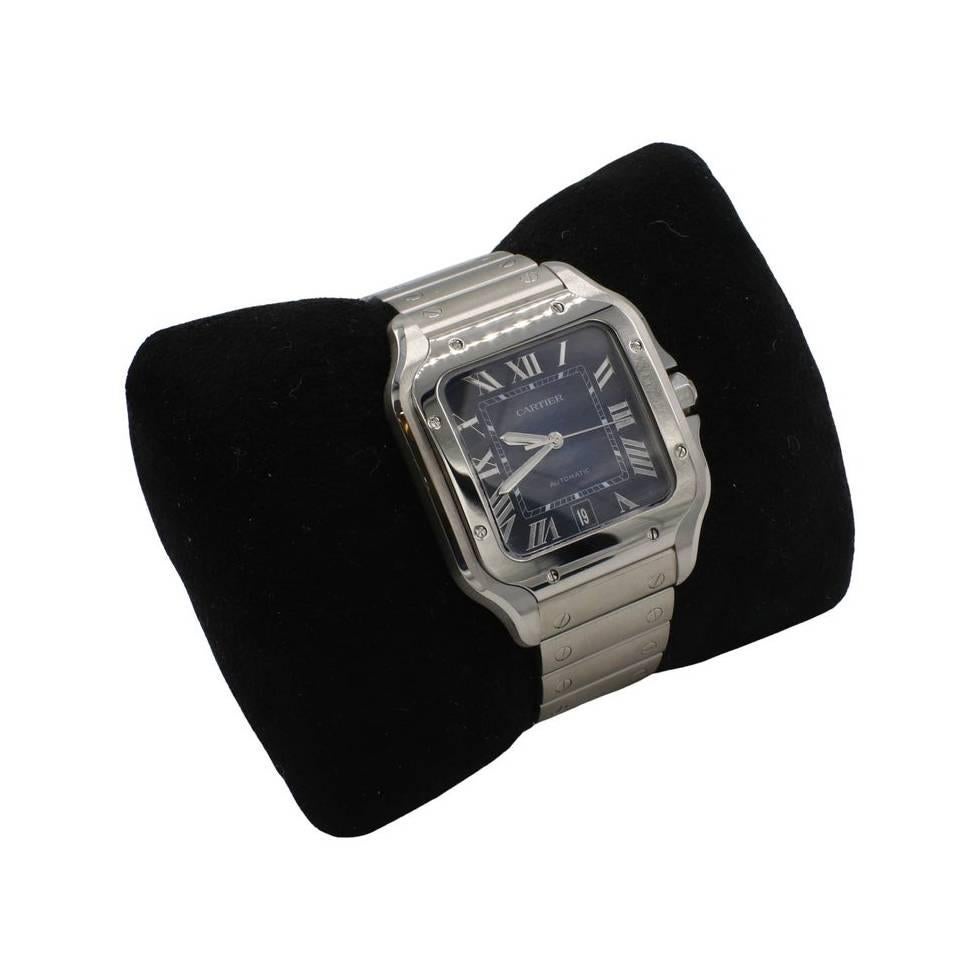 Cartier Santos 40MM Automatic Stainless Steel Navy Blue Dial Watch WSSA0030 
Model: WSSA0030 
Serial: 4072******** (Card dated 2022)
Metal: Stainless steel
Movement: Automatic
Notes: Box, papers, extra links and blue leather strap
Dial: Navy