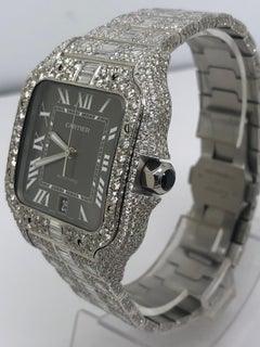 Cartier Santos Iced Out VVS Emerald Cut Diamond Roman Numeral Watch