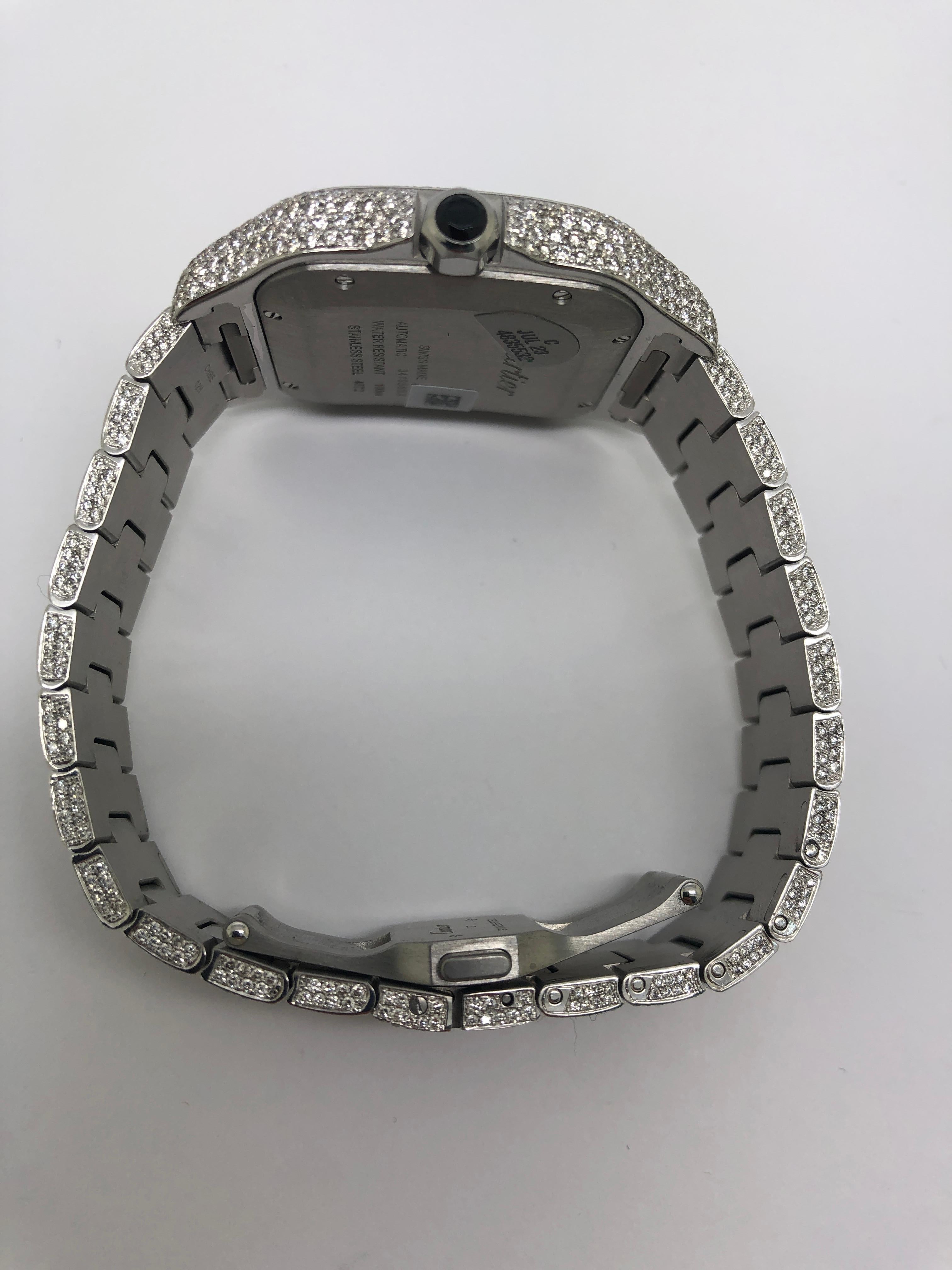 Men's Cartier Santos Iced Out VVS Emerald Cut Diamond Roman Numeral Watch For Sale
