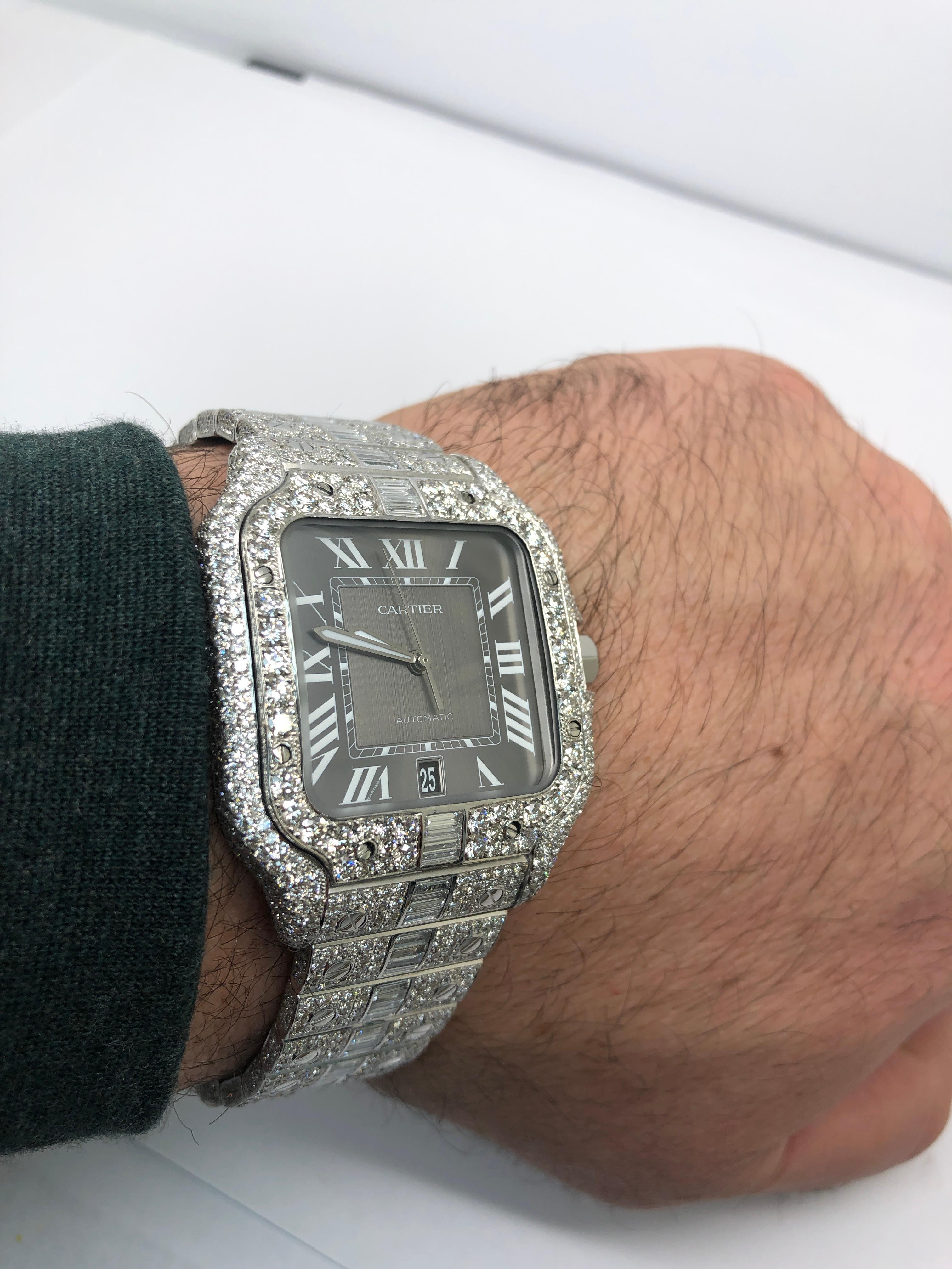 Cartier Santos Iced Out VVS Emerald Cut Diamond Roman Numeral Watch For Sale 2