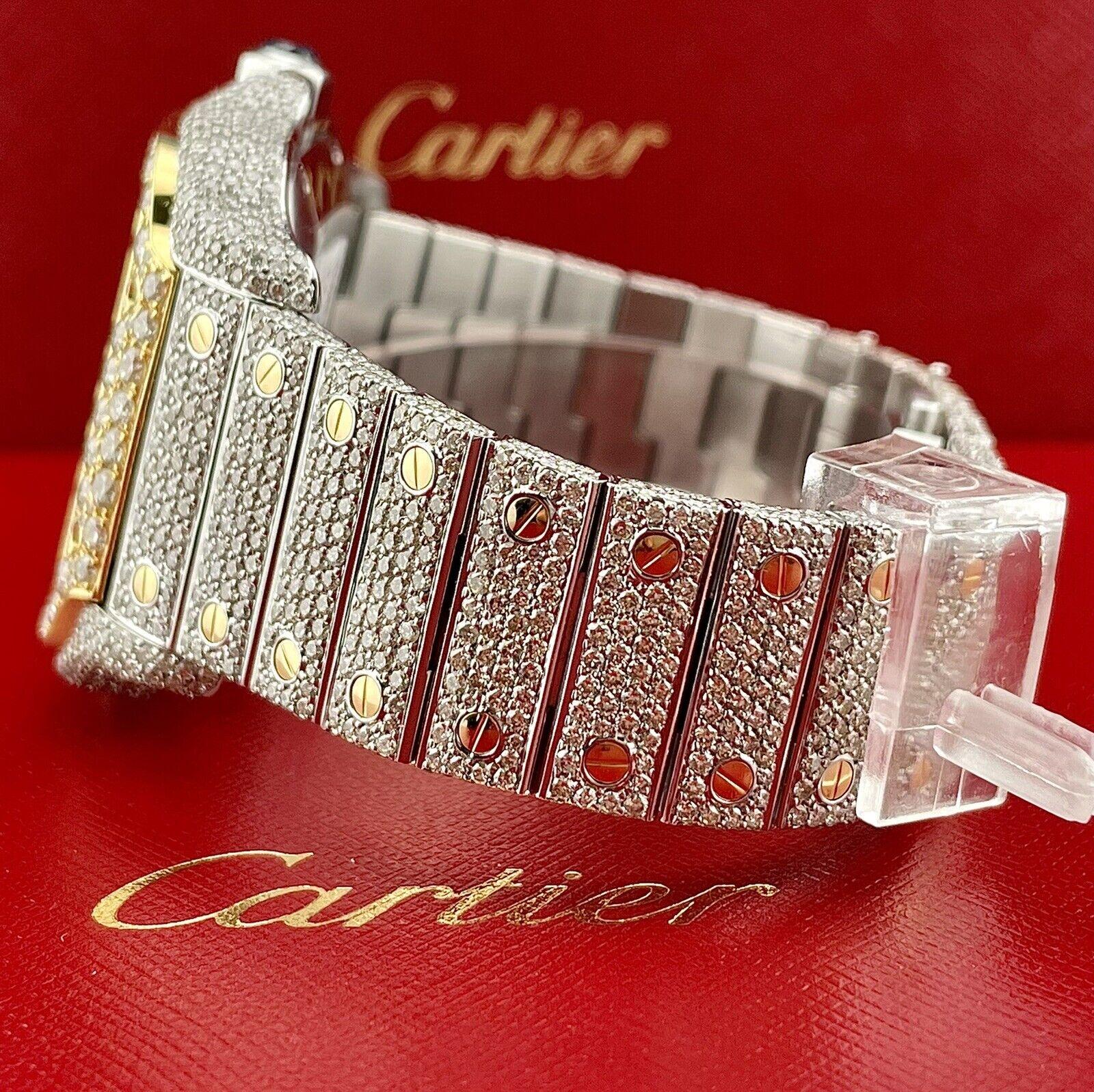 Modern Cartier Santos 45mm XL Chrono Men's 18k Gold & Steel Watch 25ct Iced Diamonds For Sale