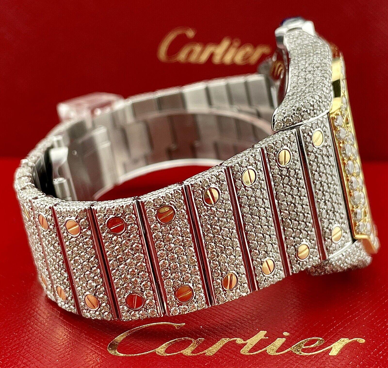 Round Cut Cartier Santos 45mm XL Chrono Men's 18k Gold & Steel Watch 25ct Iced Diamonds For Sale