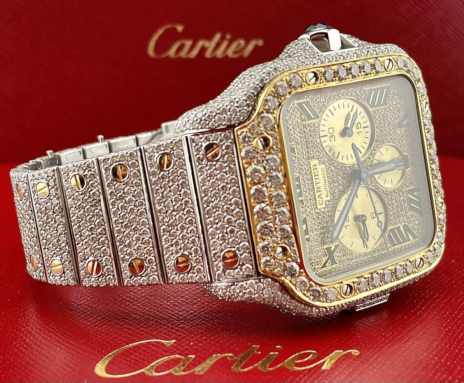 Cartier Santos 45mm XL Chrono Men's 18k Gold & Steel Watch 25ct Iced Diamonds In New Condition For Sale In Pleasanton, CA
