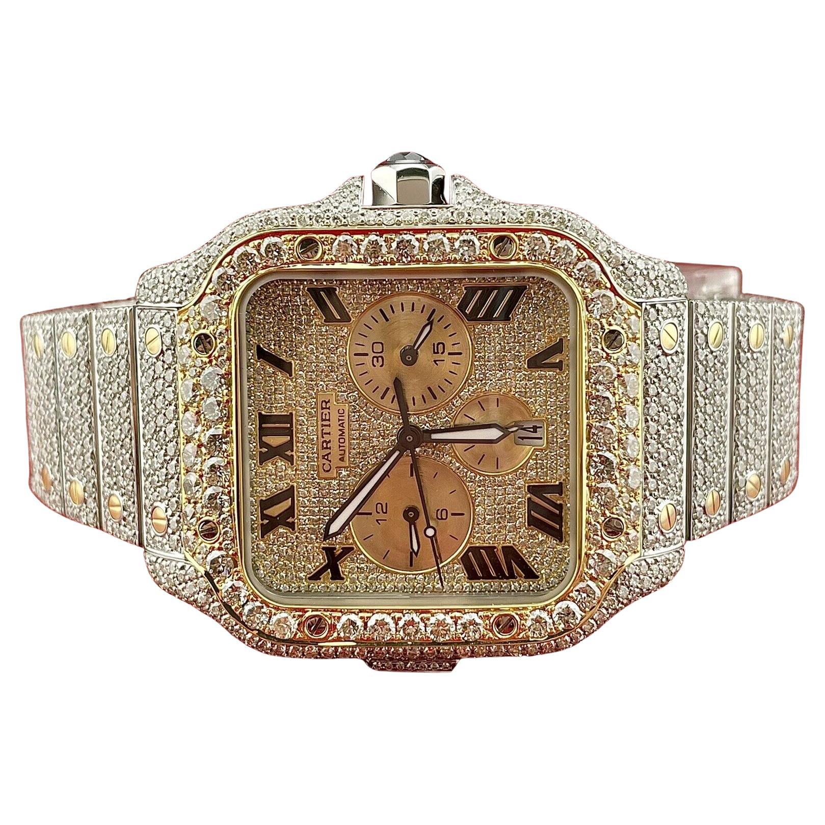 Cartier Santos 45mm XL Chrono Men's 18k Gold & Steel Watch 25ct Iced Diamonds For Sale
