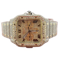 Cartier Santos 45mm XL Chrono Men's 18k Gold & Steel Watch 25ct Iced Diamonds