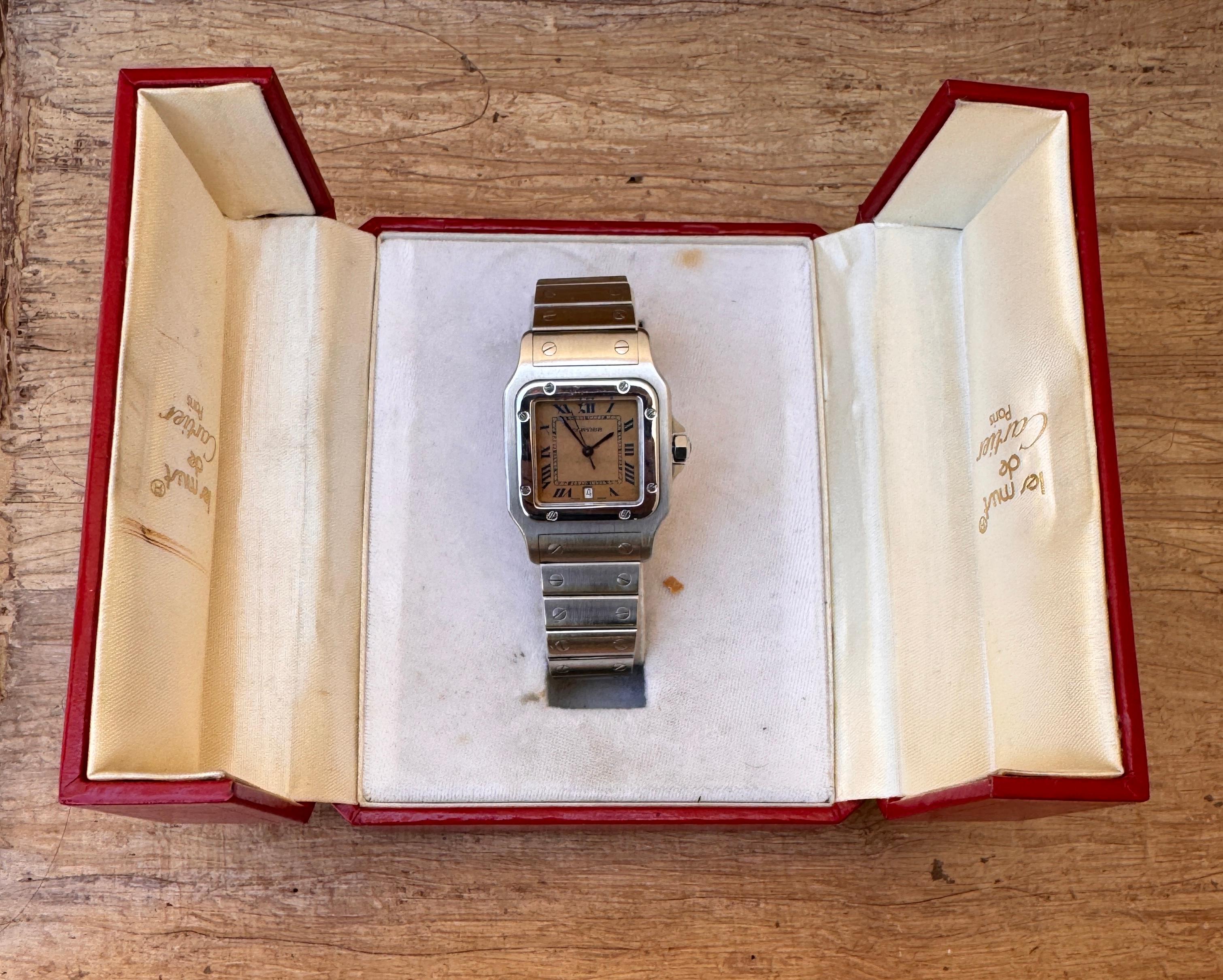 
Brand : Cartier

Model: Santos

Reference Number: 987901

Country Of Manufacture: Switzerland

Movement: Quartz

Case Material: Stainless Steel

Measurements :19mm diameter (excluding crown )

Band Type : Stainless Steel

Band Condition :In Good