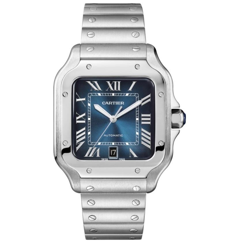 Cartier Santos Blue Dial Large Stainless Steel Watch WSSA0030 In New Condition In New York, NY