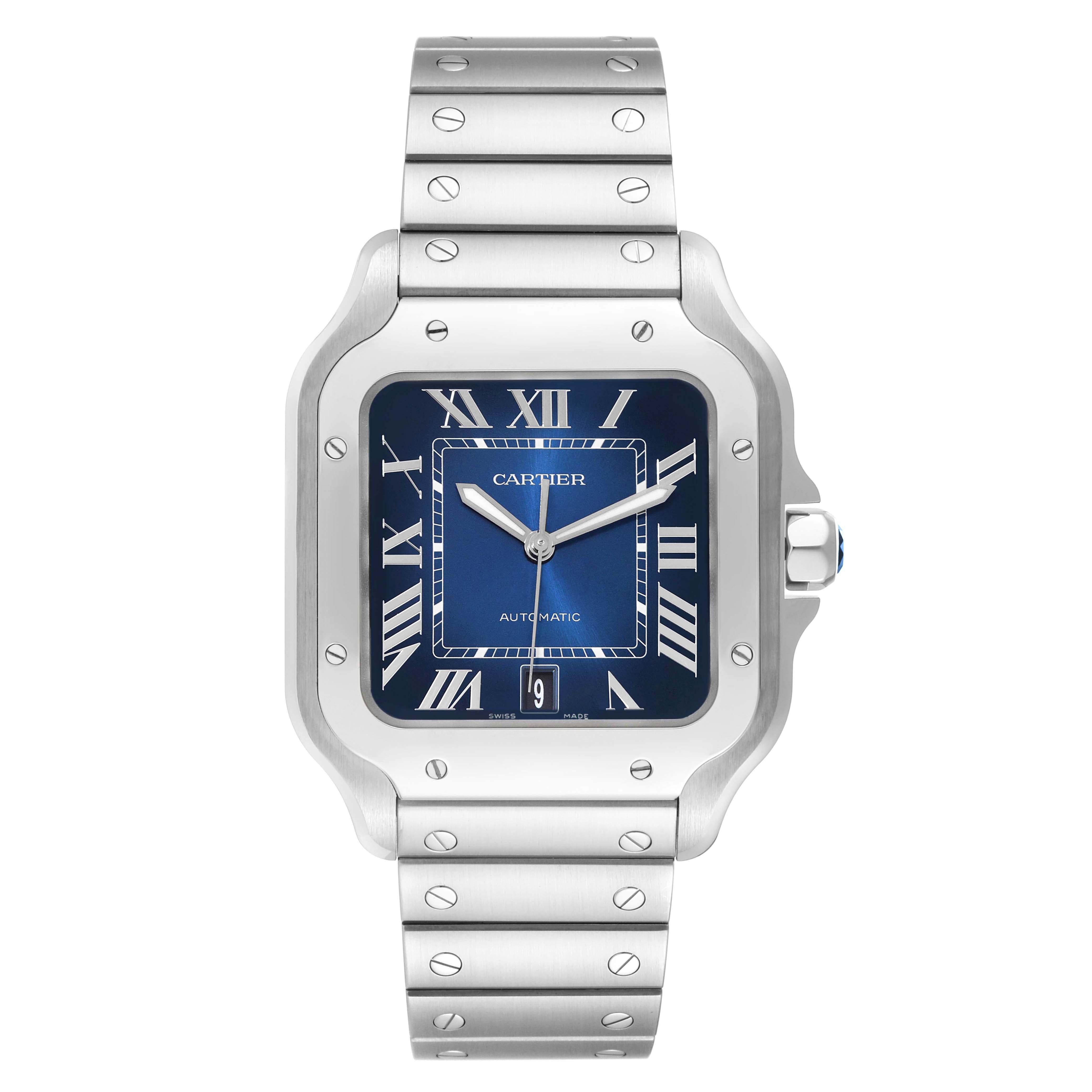 Cartier Santos Blue Dial Steel Mens Watch WSSA0030 Box Card. Automatic self-winding movement. Stainless steel case 39.8 x 47.5 mm. Protected octagonal crown set with a faceted blue spinel. Stainless steel bezel punctuated with 8 signature screws.