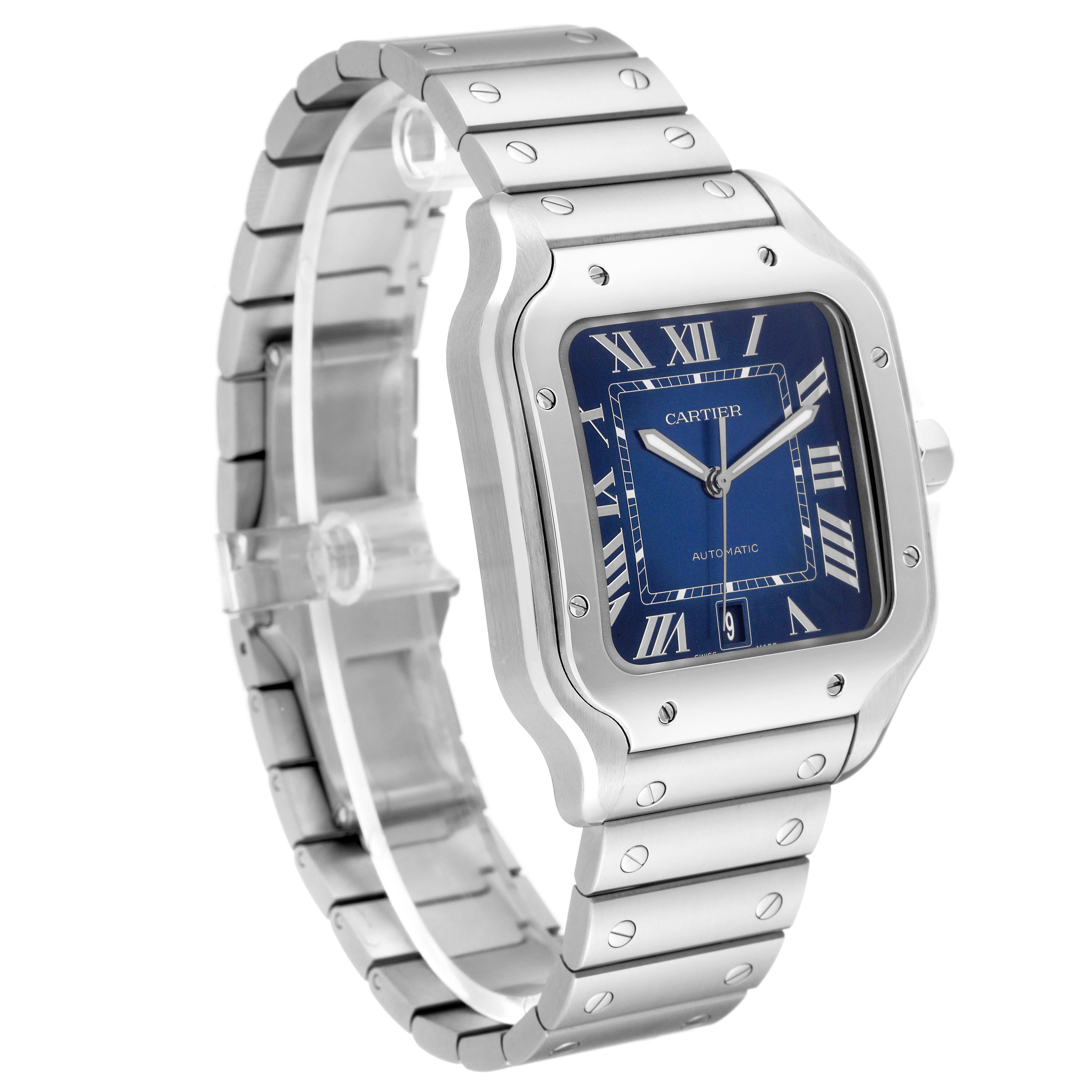 Cartier Santos Blue Dial Steel Mens Watch WSSA0030 Box Card In Excellent Condition In Atlanta, GA