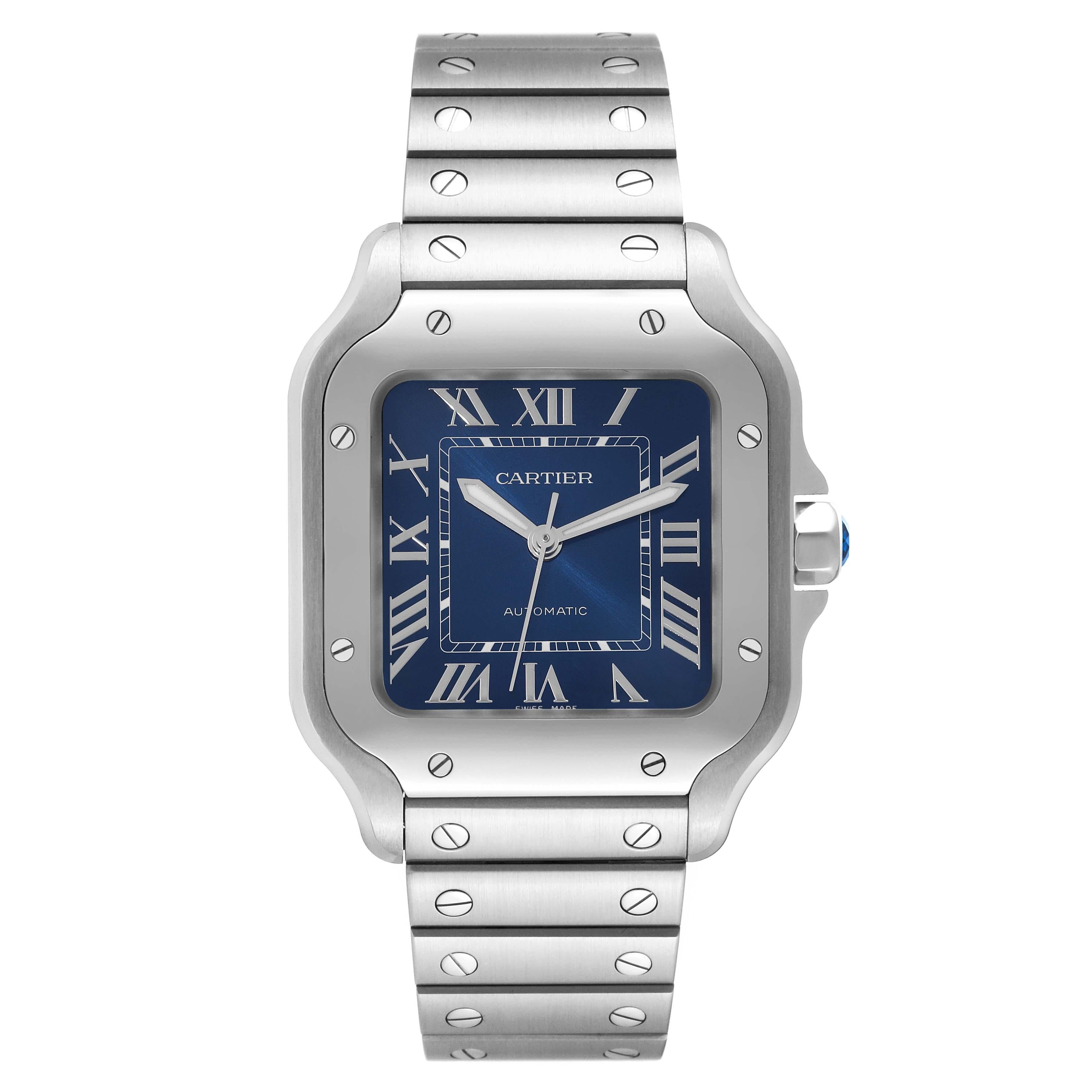 Cartier Santos Blue Dial Steel Mens Watch WSSA0063 Box Card In Excellent Condition For Sale In Atlanta, GA