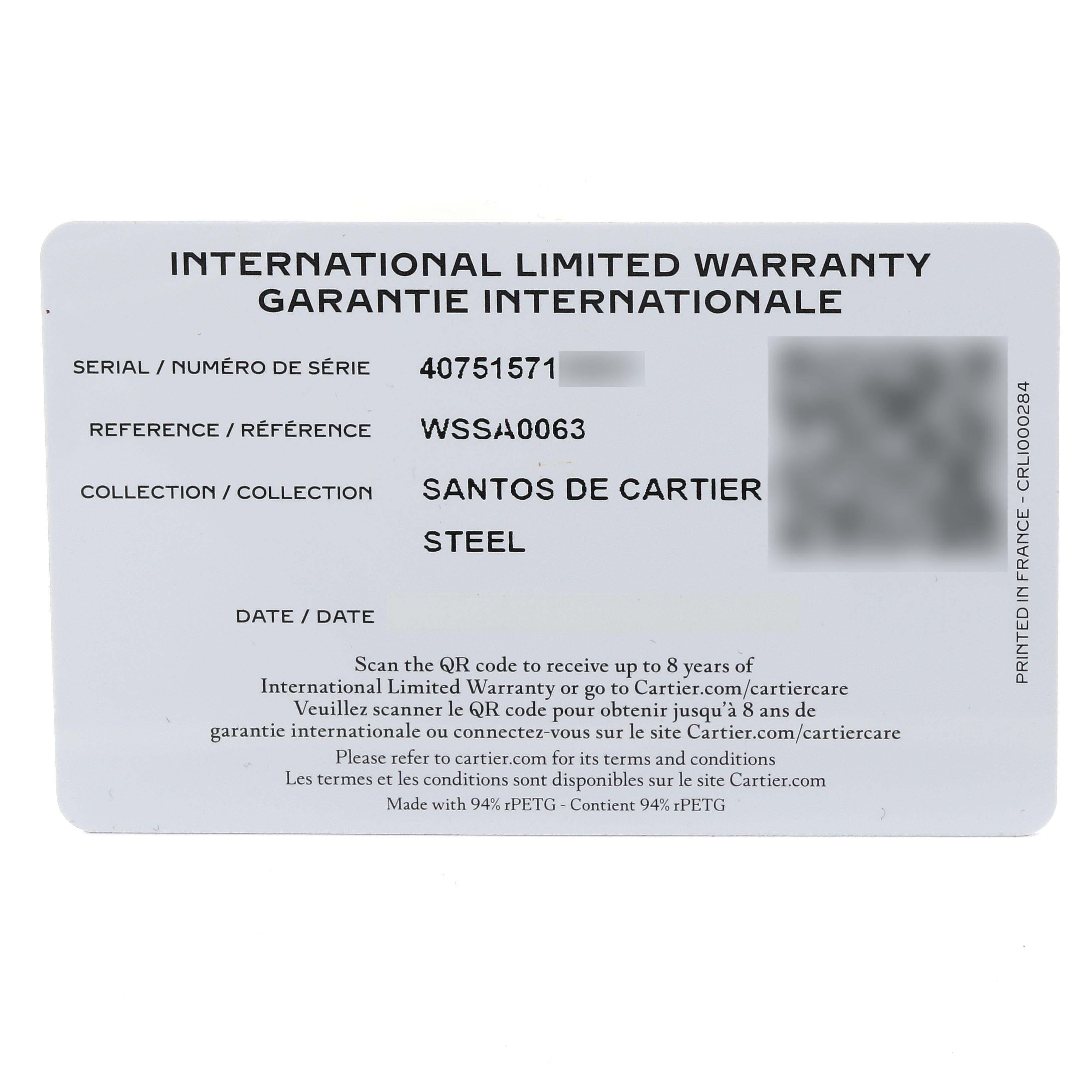 Cartier Santos Blue Dial Steel Mens Watch WSSA0063 Box Card For Sale 1
