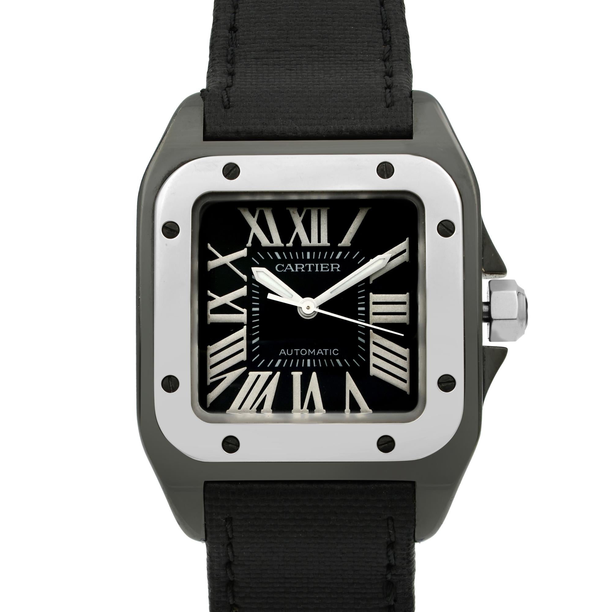 This pre-owned Cartier Santos 2878 is a beautiful Ladie's timepiece that is powered by mechanical (automatic) movement which is cased in a stainless & plated metal case. It has a  rectangle shape face, no features dial and has hand roman numerals