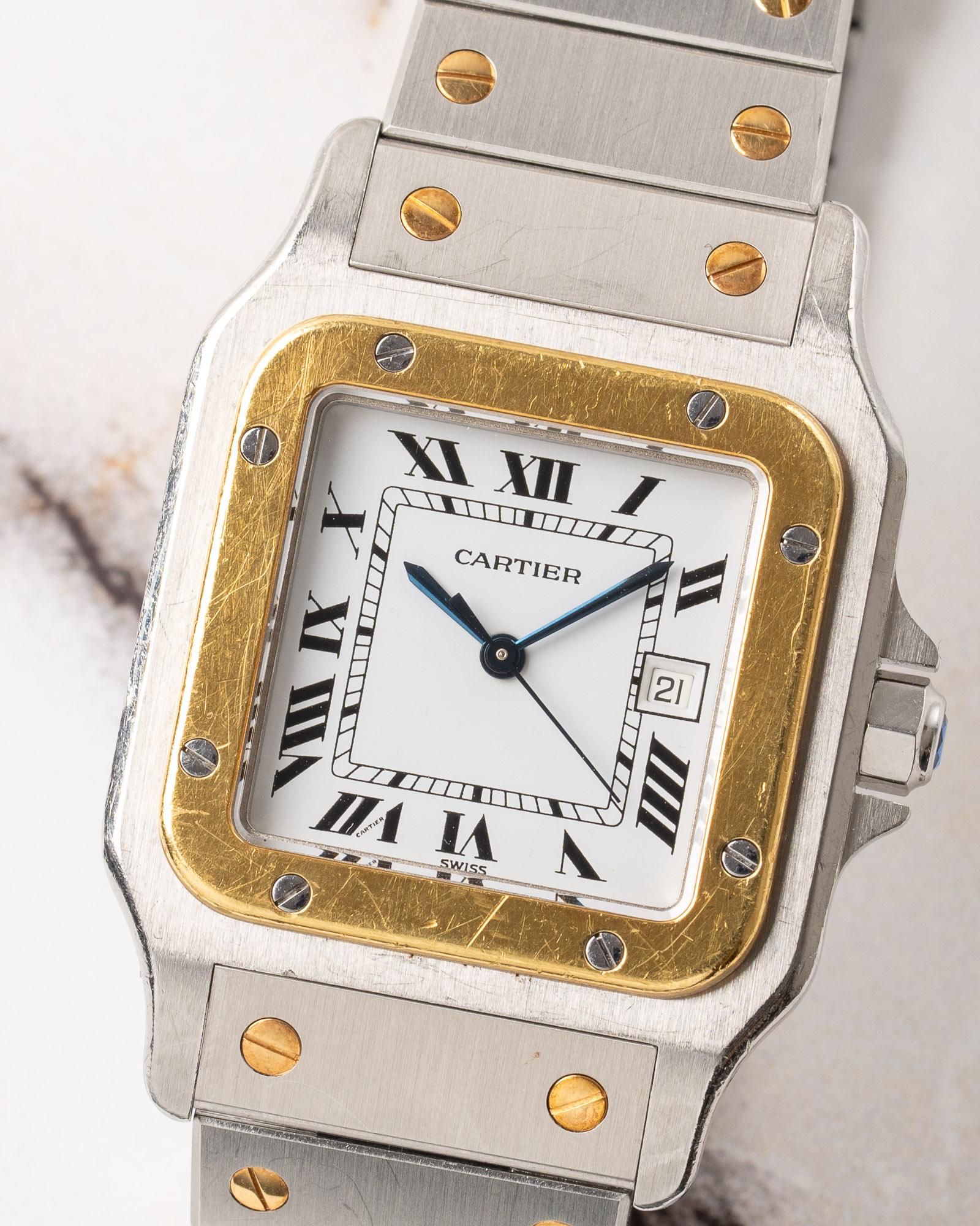 Cartier Santos Carree 2961 LM Weißes Zifferblatt YG/SS 1980er Jahre Herren im Angebot