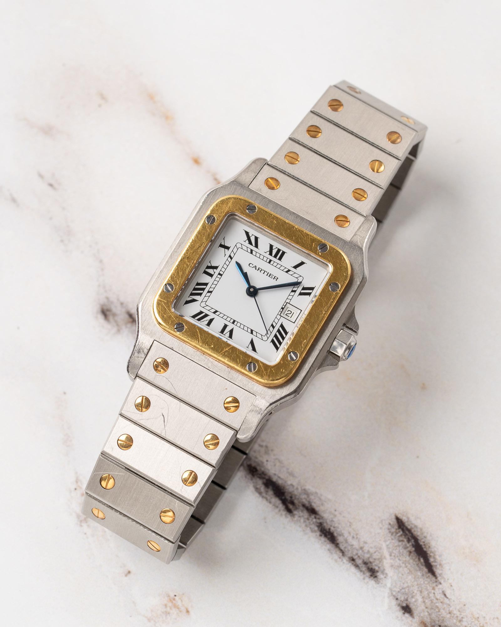 Cartier Santos Carree 2961 LM Weißes Zifferblatt YG/SS 1980er Jahre im Angebot 3
