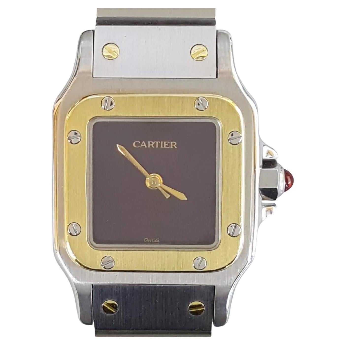 Contemporary Cartier Santos Carrée Burgundy Dial 18K Yellow Gold & Stainless Steel Watch For Sale
