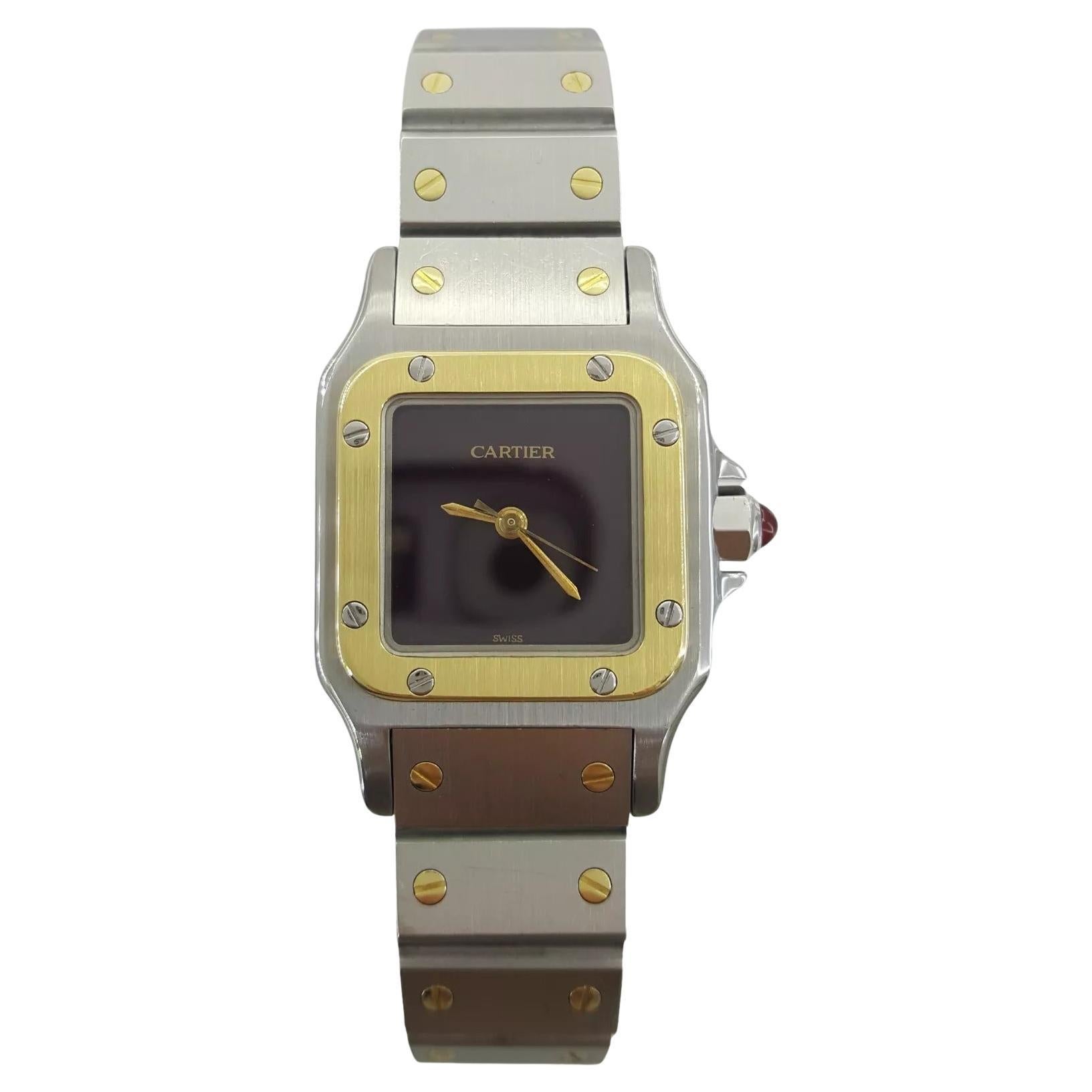 Cartier Santos Carrée Burgundy Dial 18K Yellow Gold & Stainless Steel Watch In Excellent Condition For Sale In Chicago, IL