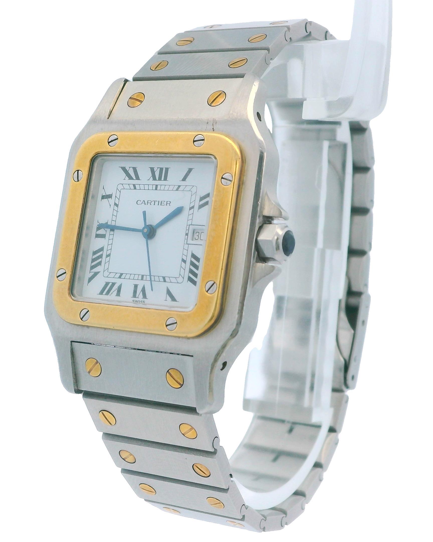 Cartier Santos Carrée 2961 Watch. This timepiece features a 29mm stainless steel case with an 18K yellow gold fixed bezel. The white dial is complemented by blue hands and Roman numeral hour markers. It comes with an 18K yellow gold and stainless