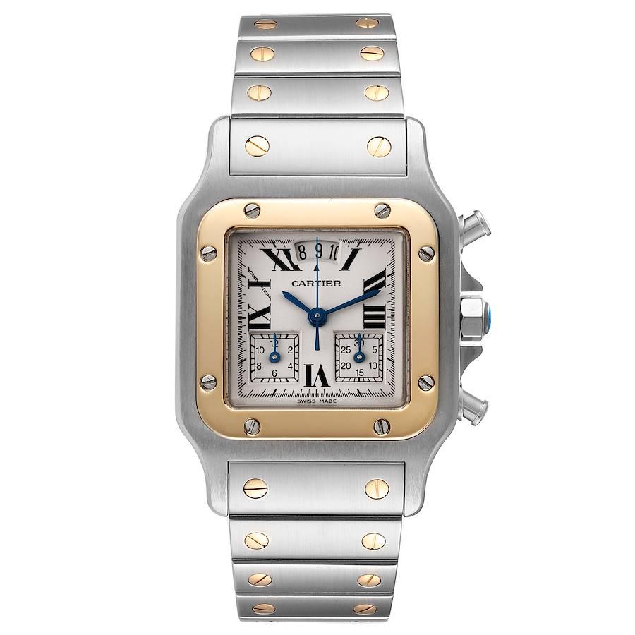 Cartier Santos Chronoflex Steel 18K Yellow Gold Watch W20042C4. Quartz Movement. Three body brushed stainless steel 28.0 mm x 28.0mm. Stainless steel protected octagonal crown set with the faceted spinel and stainless steel pushers. 18K yellow gold