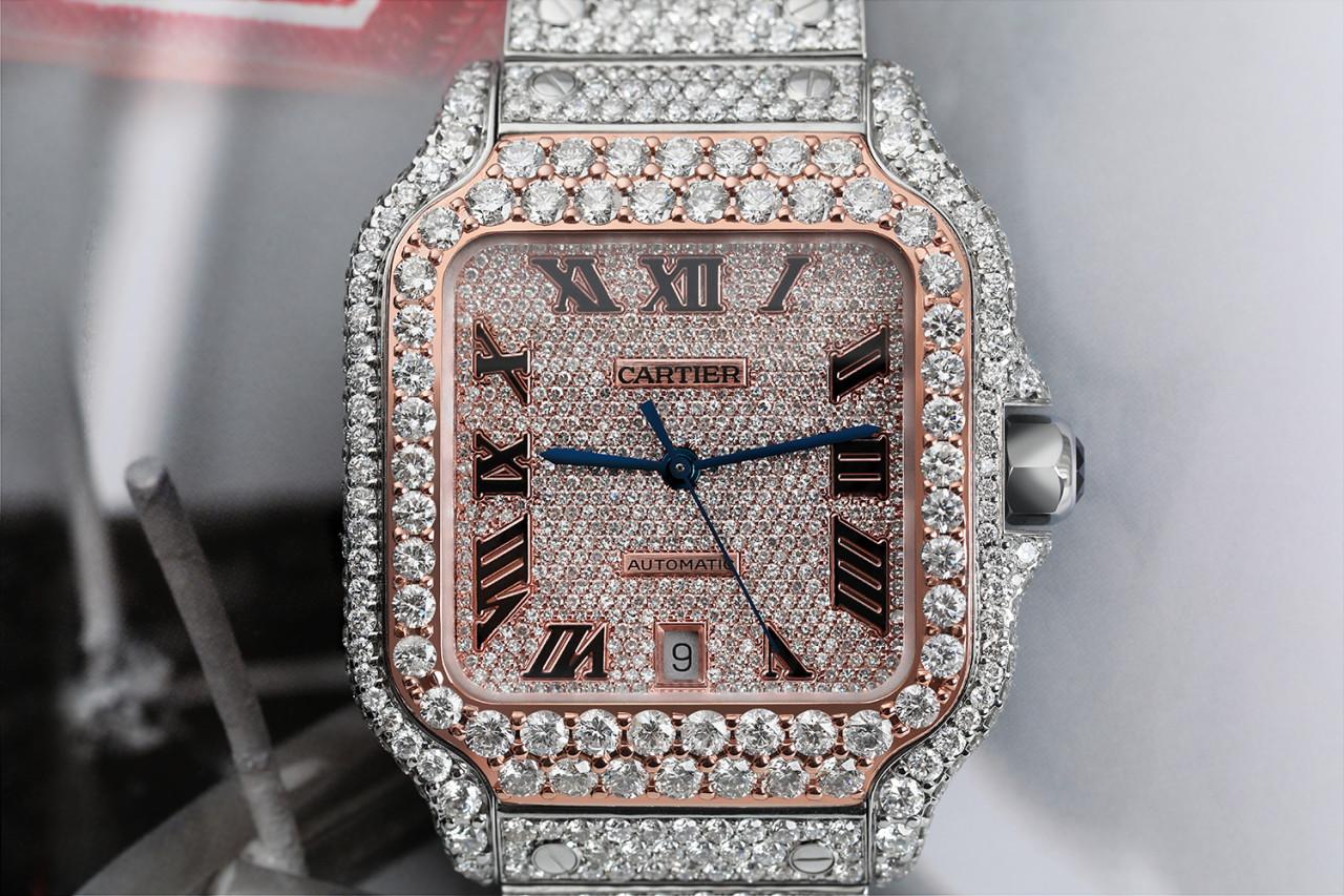 Cartier Santos De Cartier WSSA0018 Custom Diamond Stainless Steel and Rose Gold Watch Pave Black Roman Numeral Dial.

Mechanical movement with automatic winding, caliber 1847 MC. Steel case, 7-sided crown set with a faceted synthetic spinel,