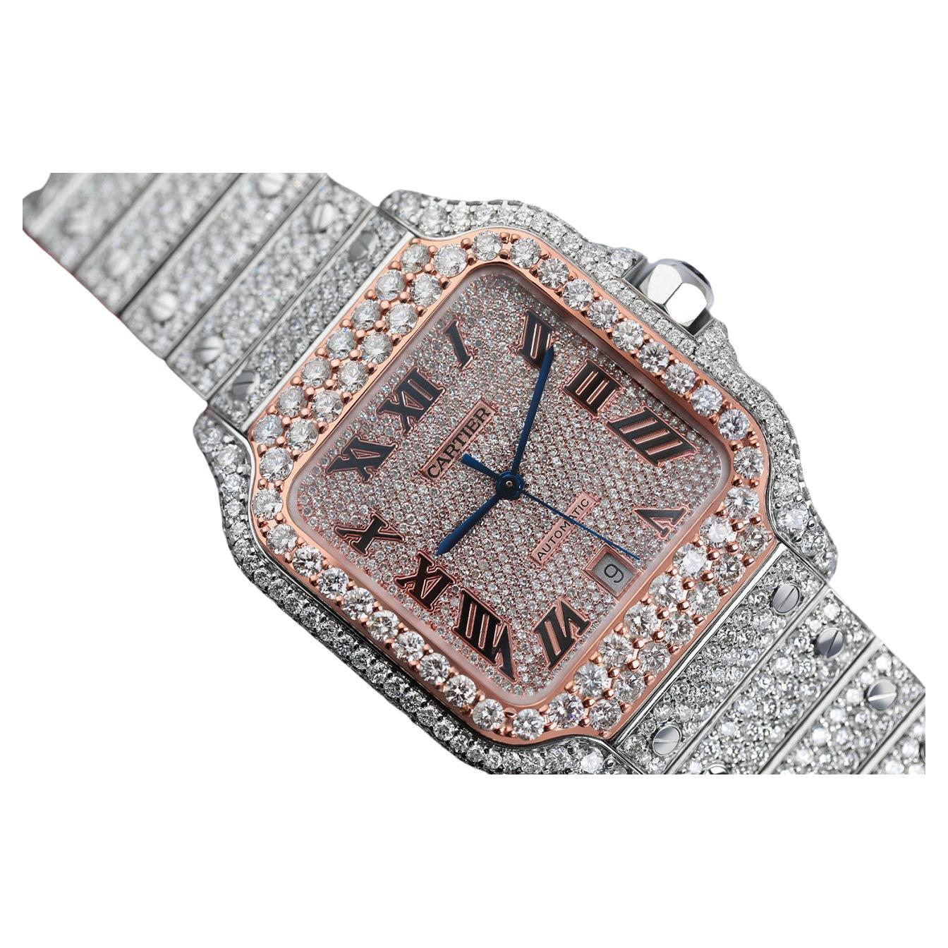 Montre Cartier Santos personnalisée en acier inoxydable et or rose avec diamants WSSA0018 