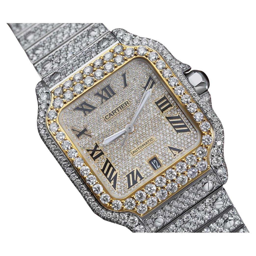Montre Cartier Santos personnalisée en acier inoxydable et or jaune avec diamants WSSA0018 en vente