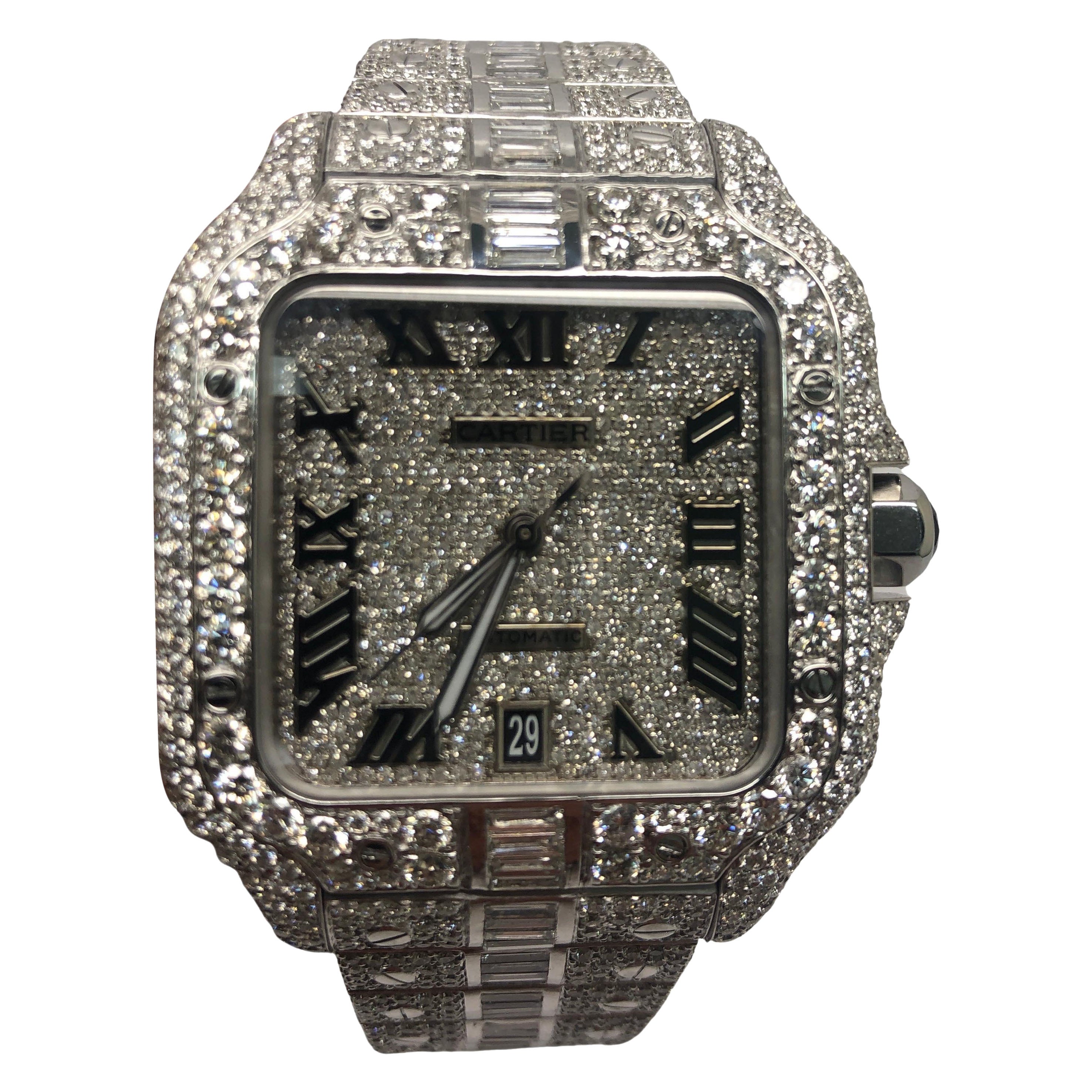 Reloj Cartier Santos personalizado con números romanos y diamantes talla esmeralda VVS