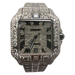Cartier Santos Custom Iced Out VVS Emerald Cut Diamond Roman Numeral Watch